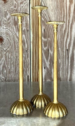 Vintage Boho Scalloped Brass Candlesticks - Set of 3