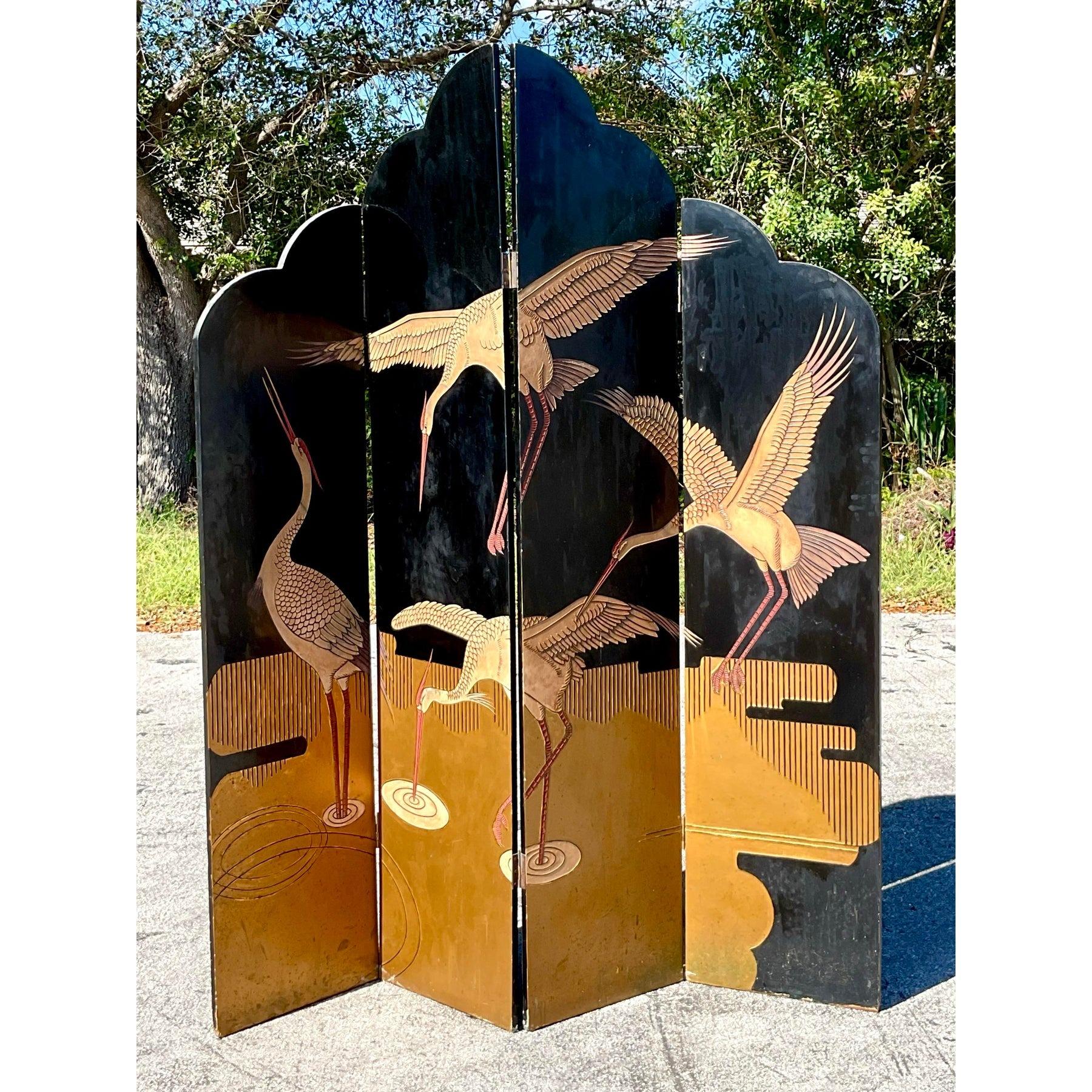 Paravent vintage Boho festonné Crane Bon état - En vente à west palm beach, FL