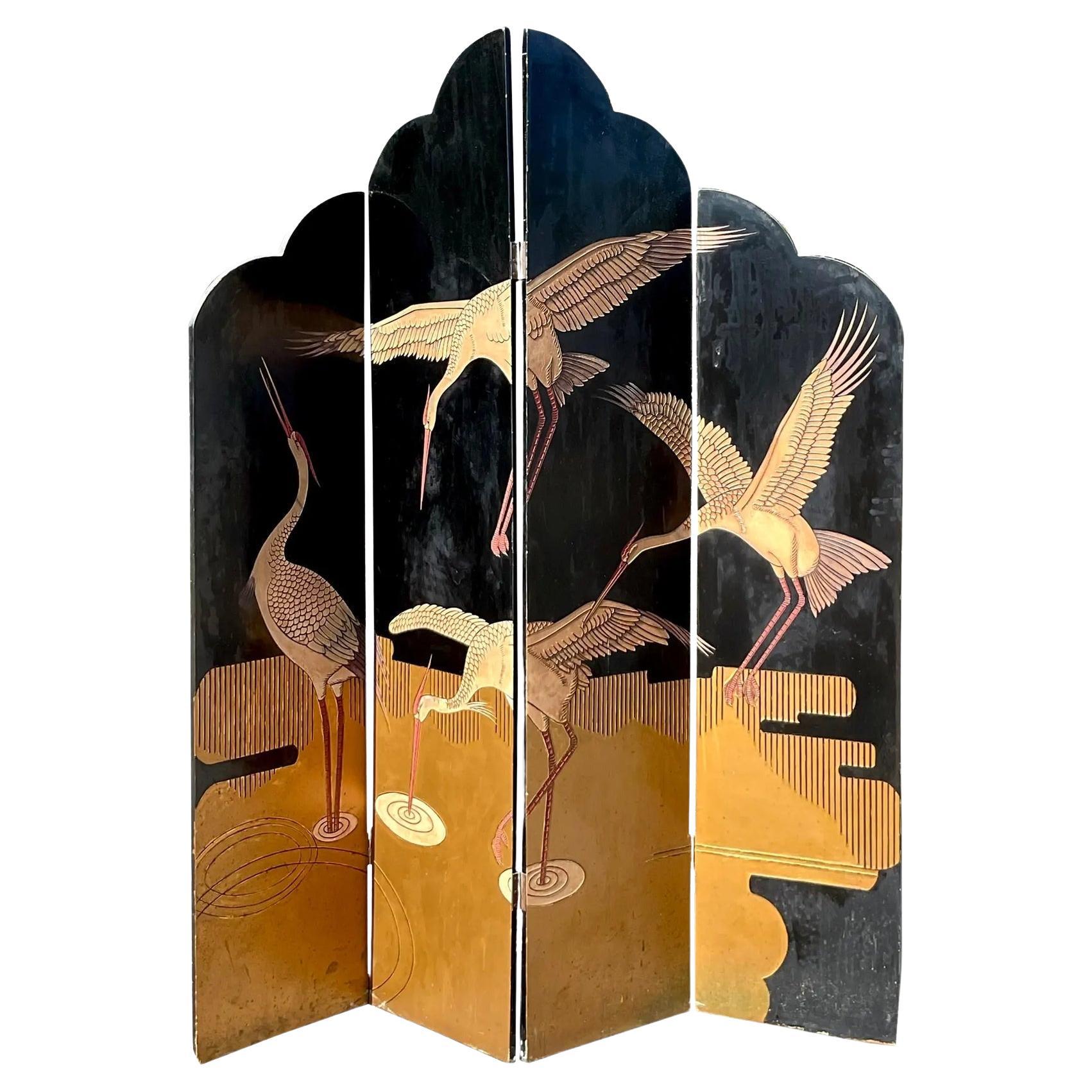 Vintage Boho Scalloped Crane Folding Screen