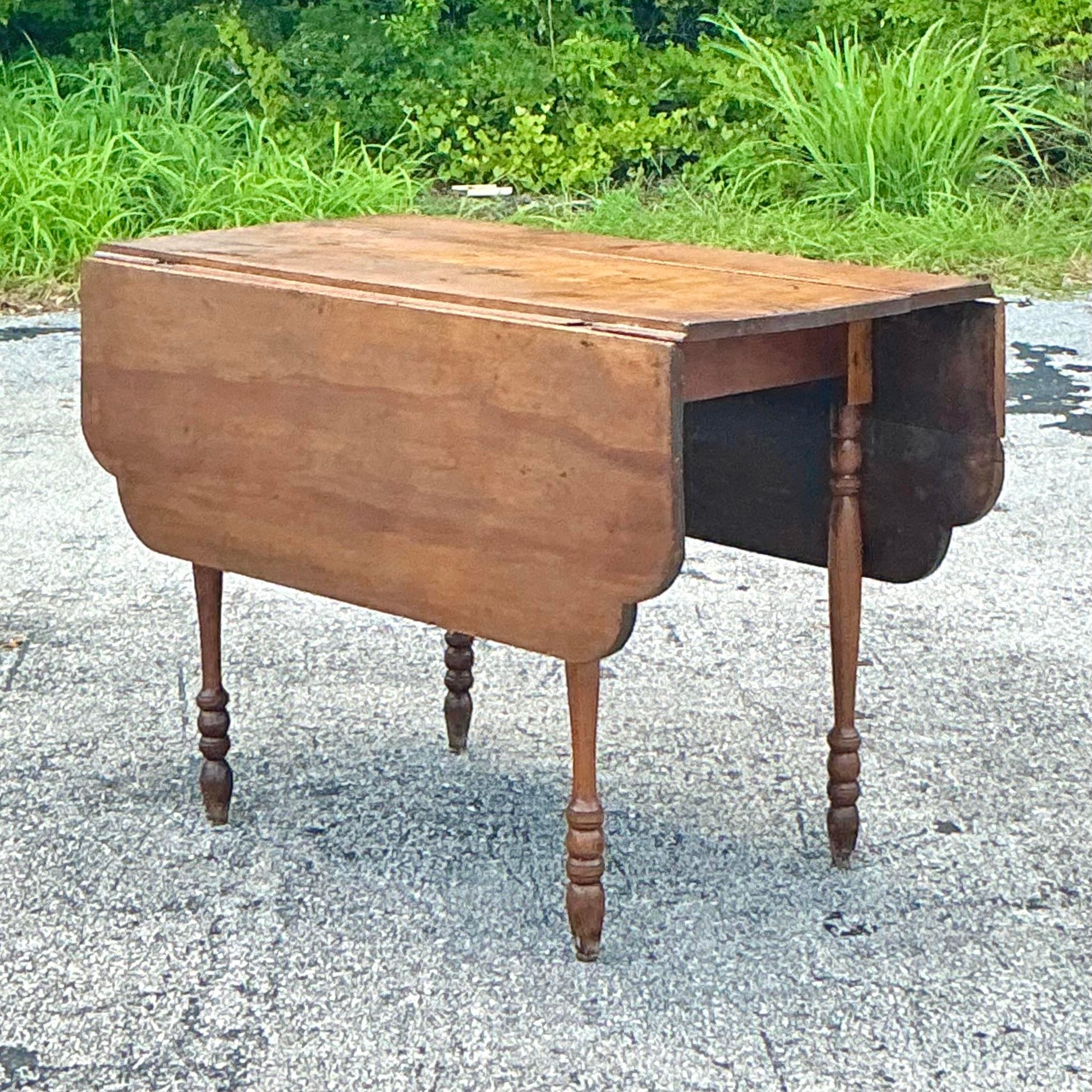 Rustic Vintage Boho Scalloped Plank Drop Leaf Dining Table