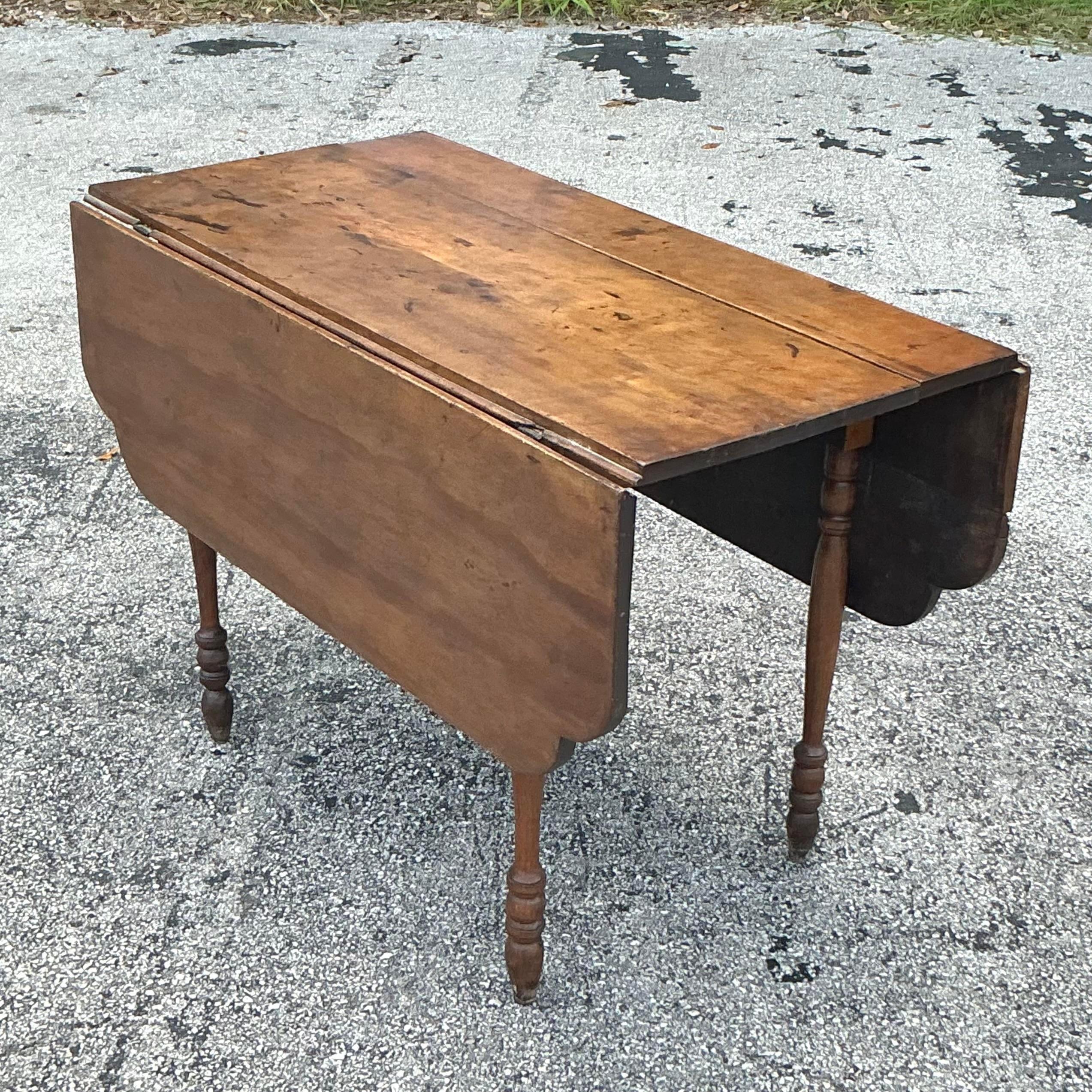20th Century Vintage Boho Scalloped Plank Drop Leaf Dining Table