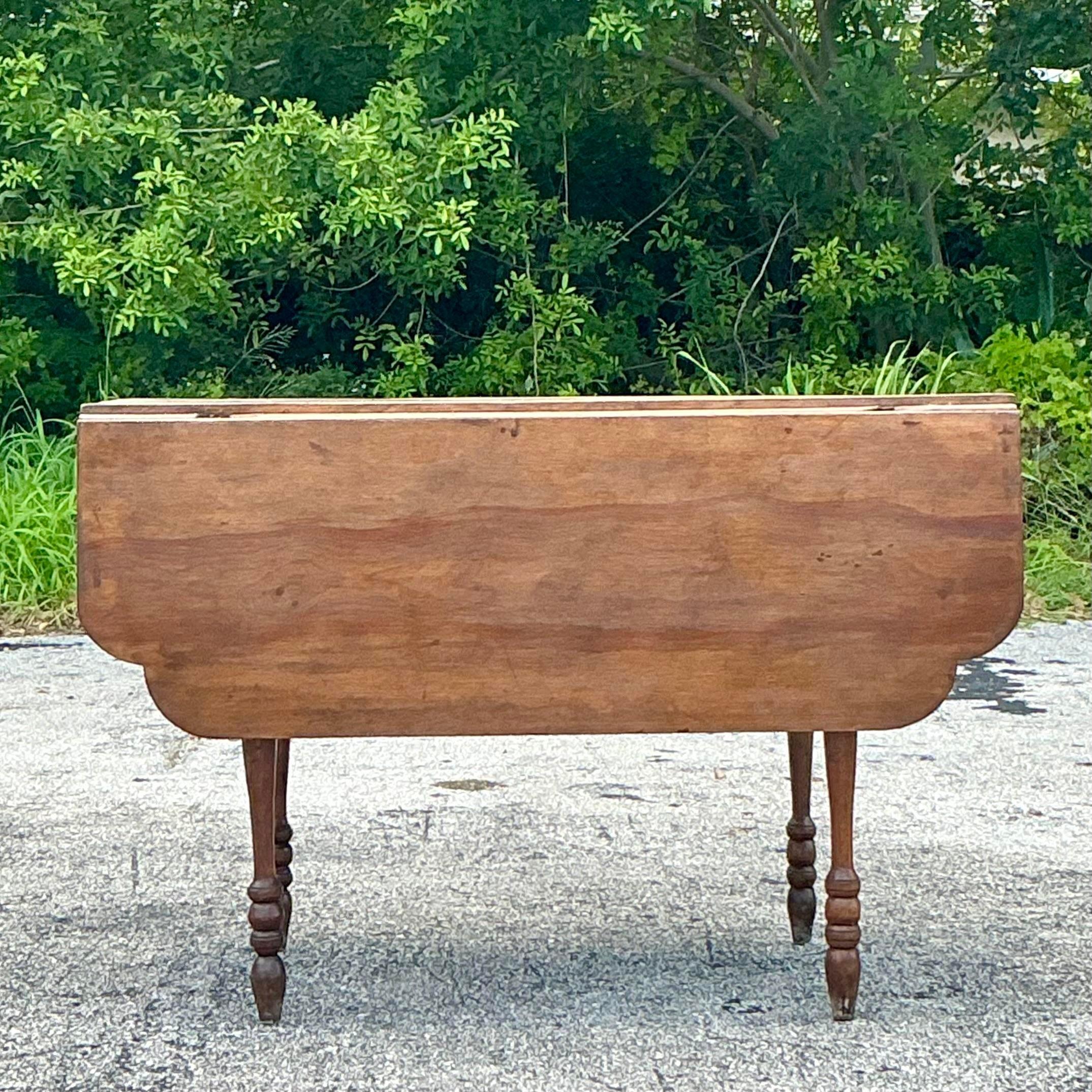 Wood Vintage Boho Scalloped Plank Drop Leaf Dining Table