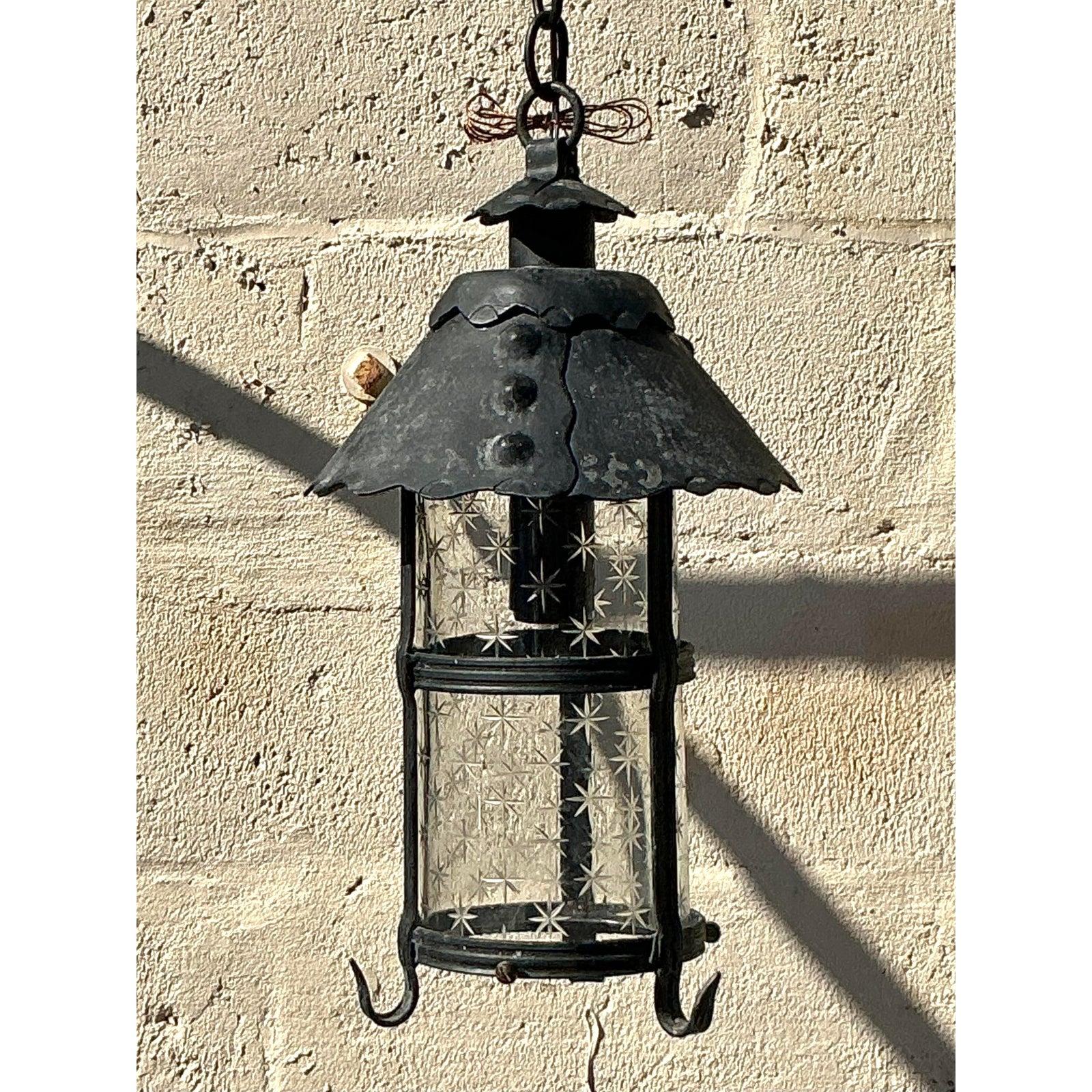 Vintage Boho Scalloped Wrought Iron Lantern For Sale 3