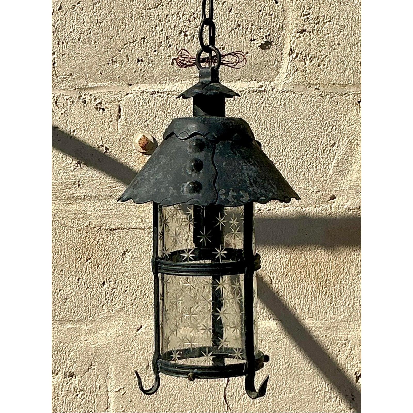 American Vintage Boho Scalloped Wrought Iron Lantern For Sale