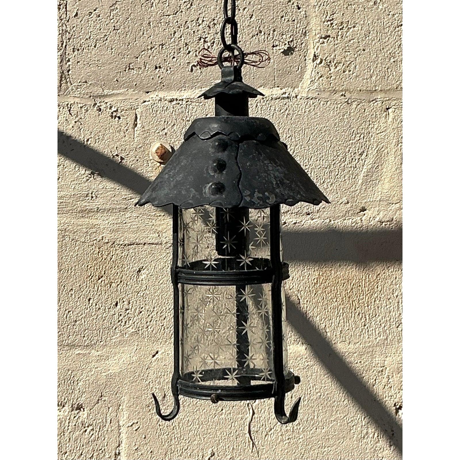 Vintage Boho Scalloped Wrought Iron Lantern In Good Condition For Sale In West Palm Beach, FL