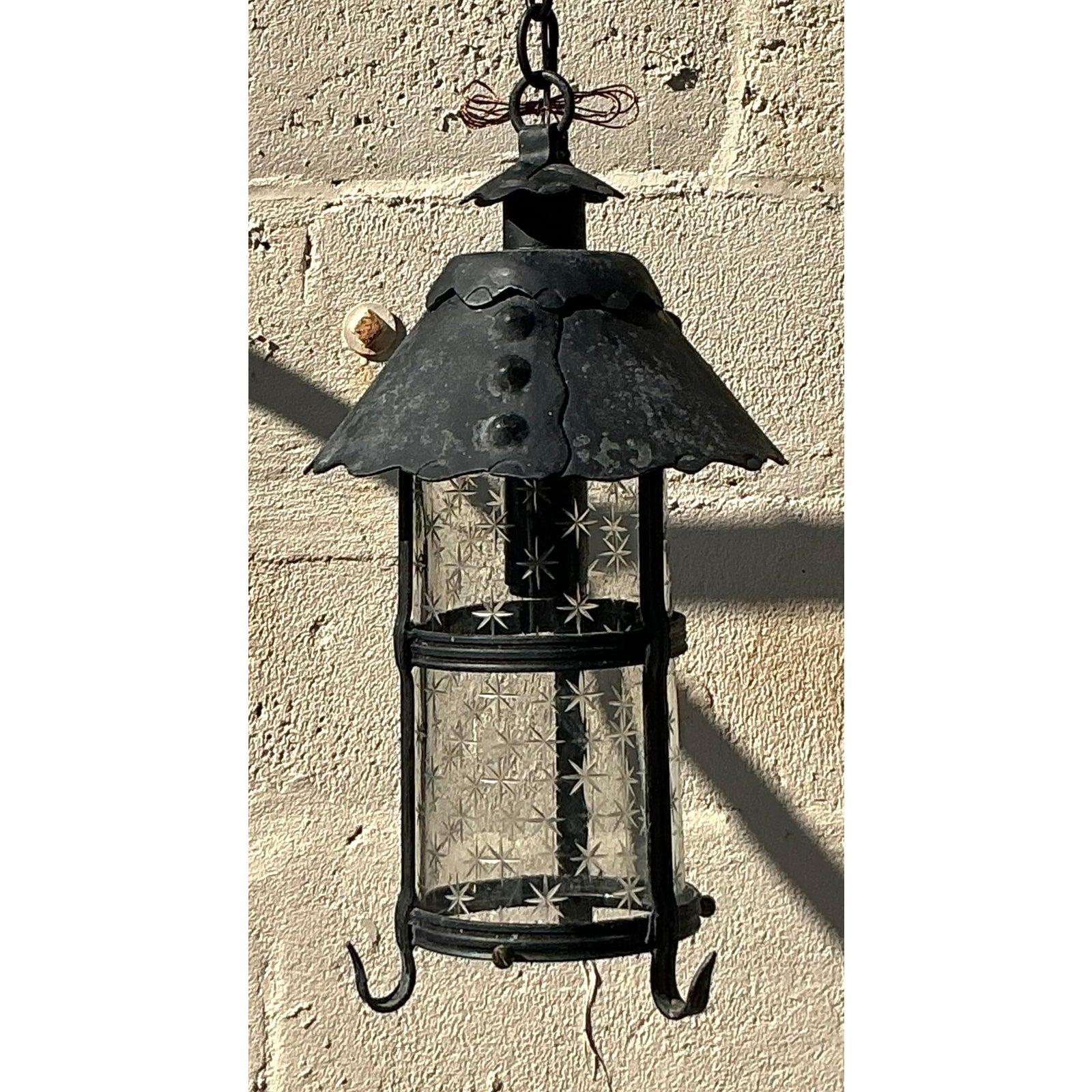 20th Century Vintage Boho Scalloped Wrought Iron Lantern For Sale