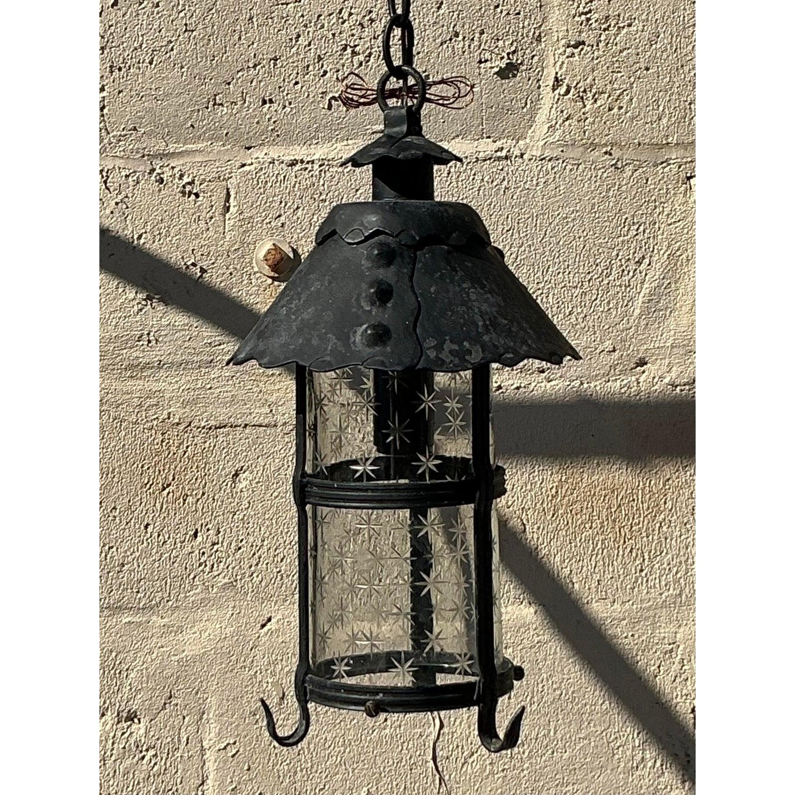 Vintage Boho Scalloped Wrought Iron Lantern For Sale 2