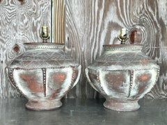 Vintage Boho Scored Terracotta Lamps - a Pair