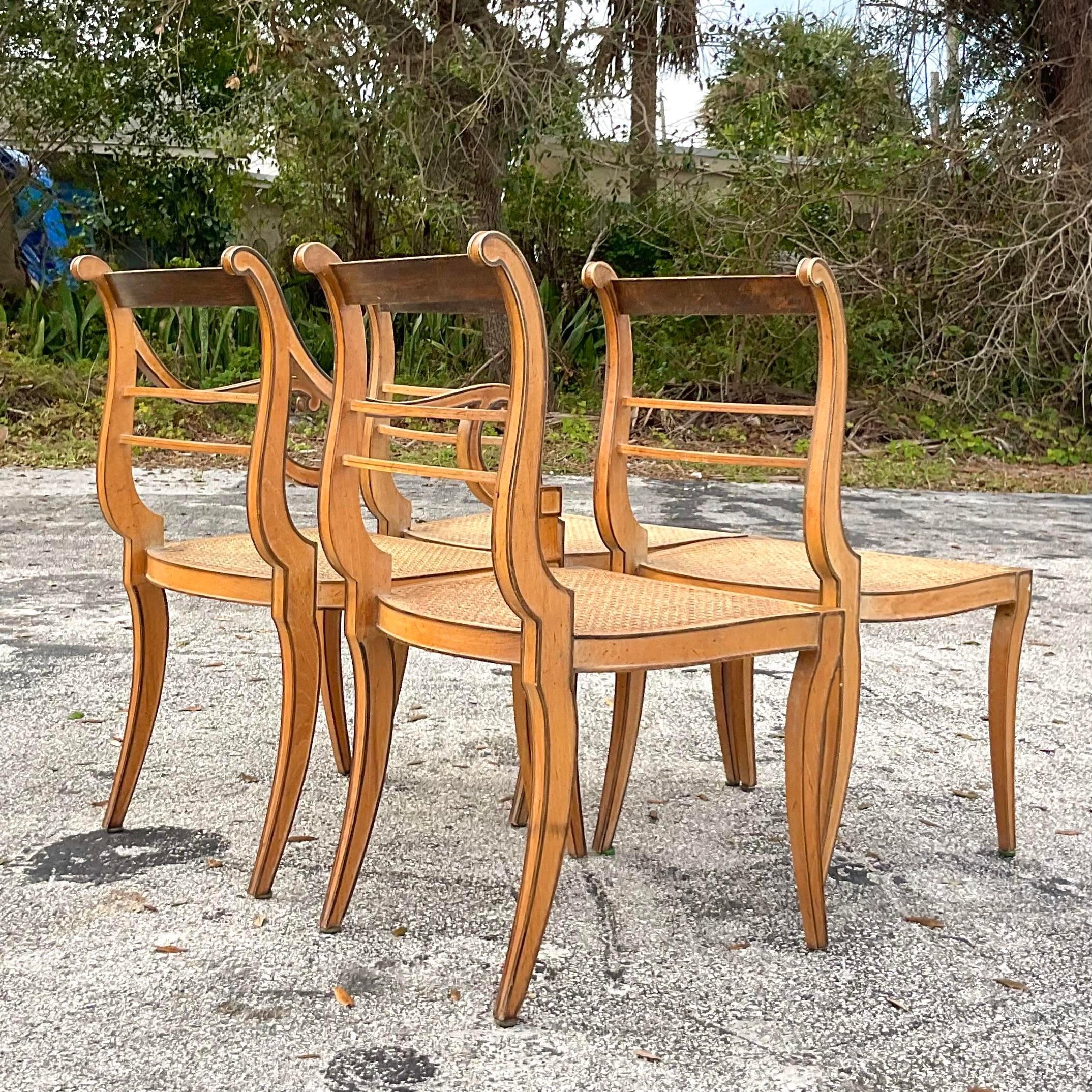 American Vintage Boho Scroll Back Cane Dining Chairs - Set of Four For Sale