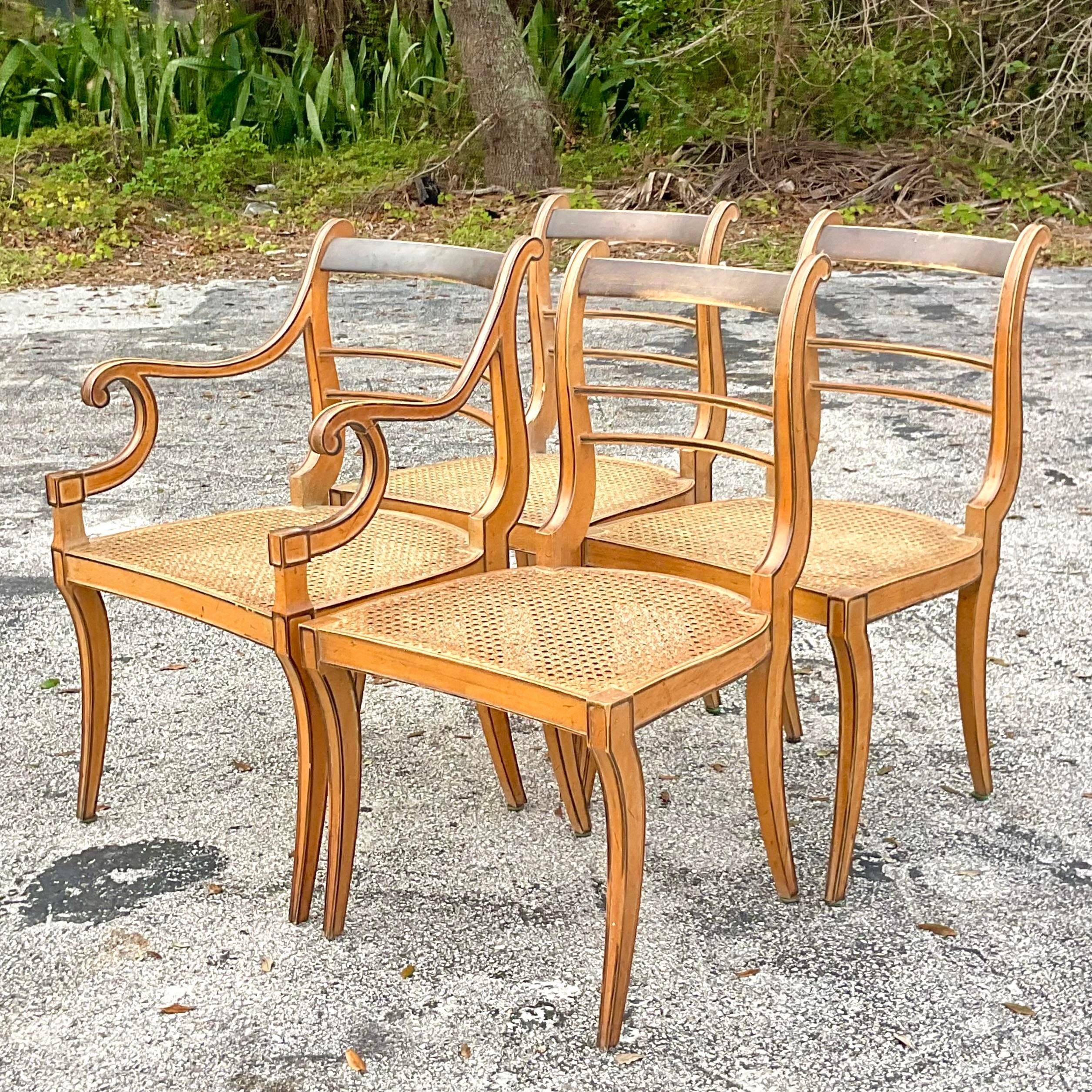 20th Century Vintage Boho Scroll Back Cane Dining Chairs - Set of Four For Sale