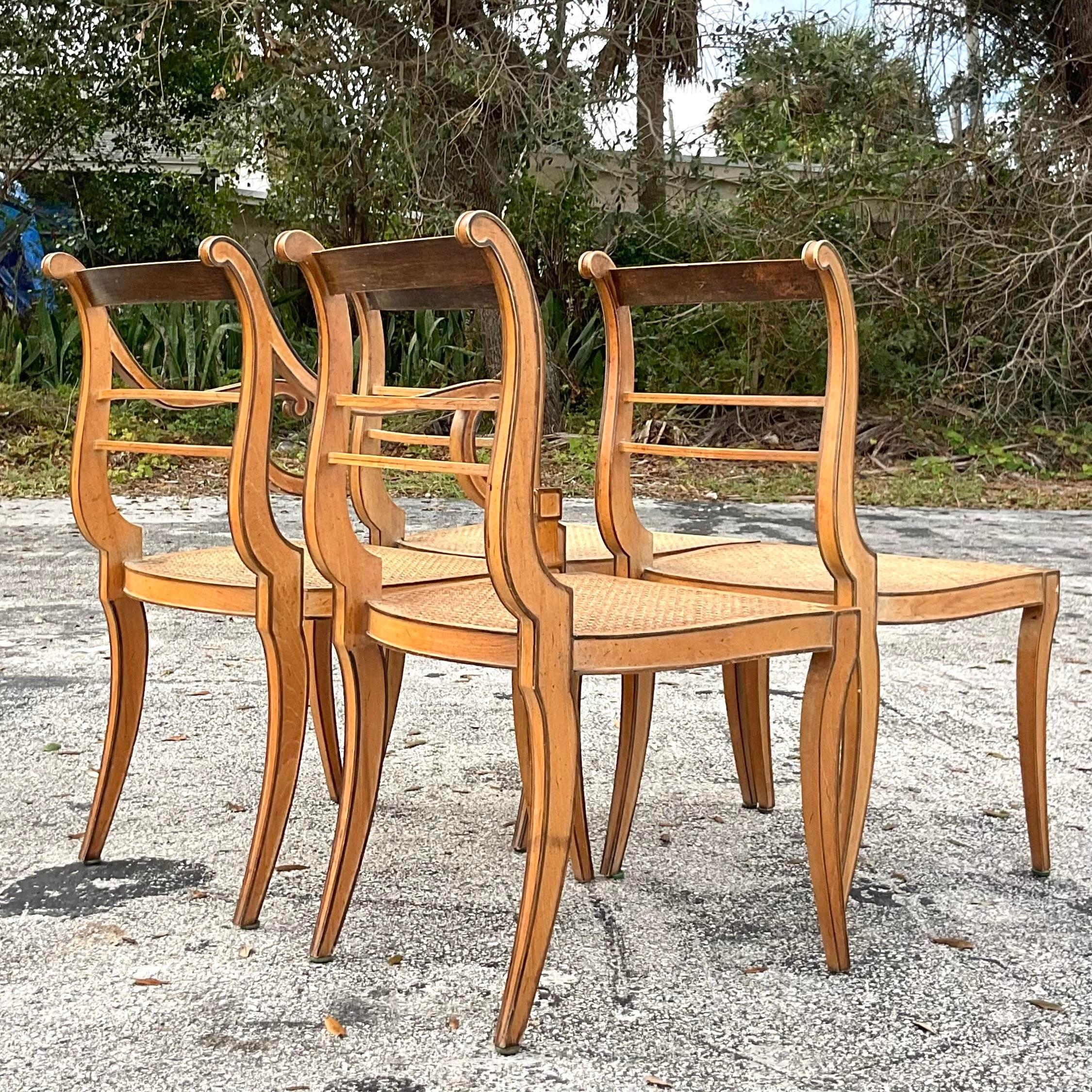 Vintage Boho Scroll Back Cane Dining Chairs - Set of Four For Sale 2