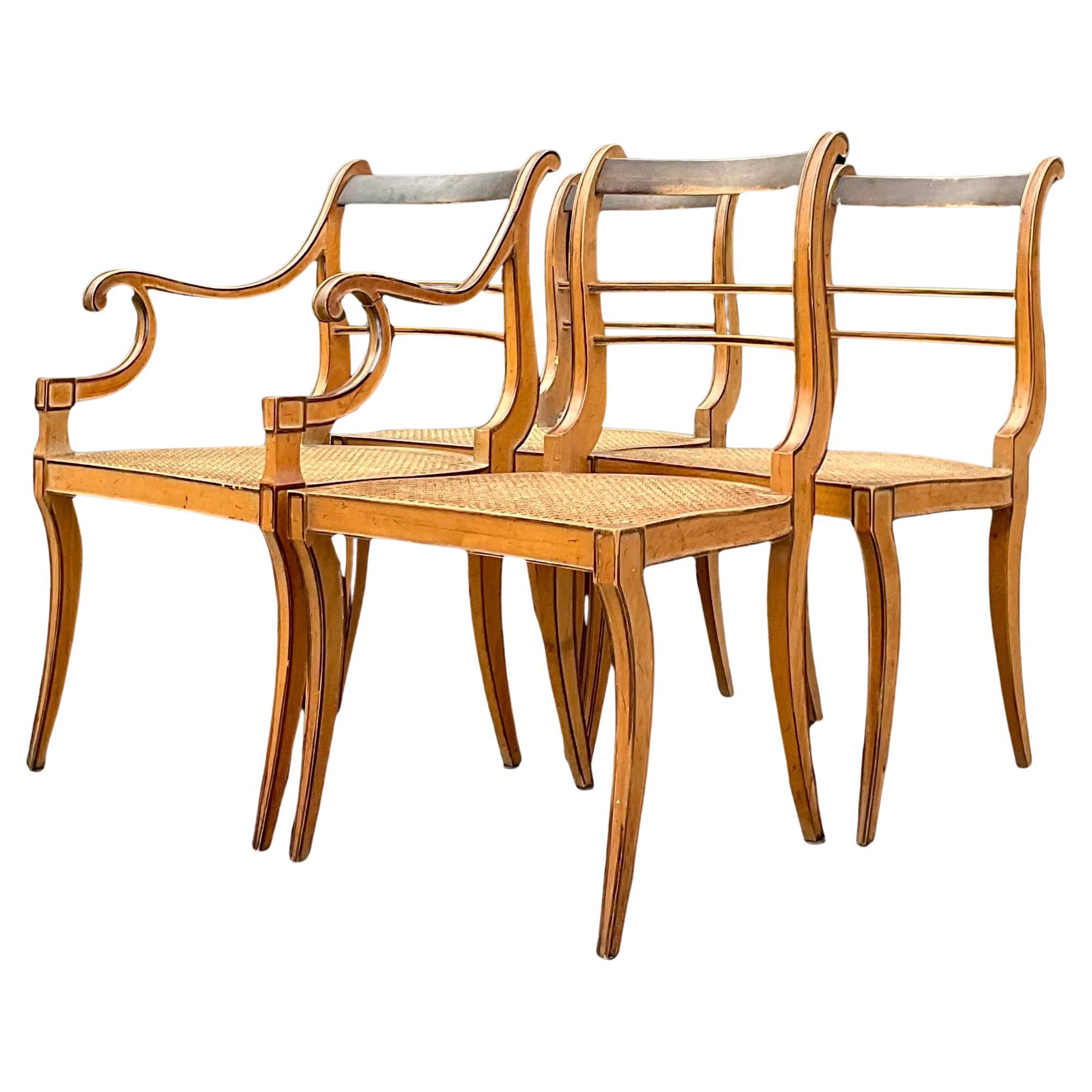 Vintage Boho Scroll Back Cane Dining Chairs - Set of Four