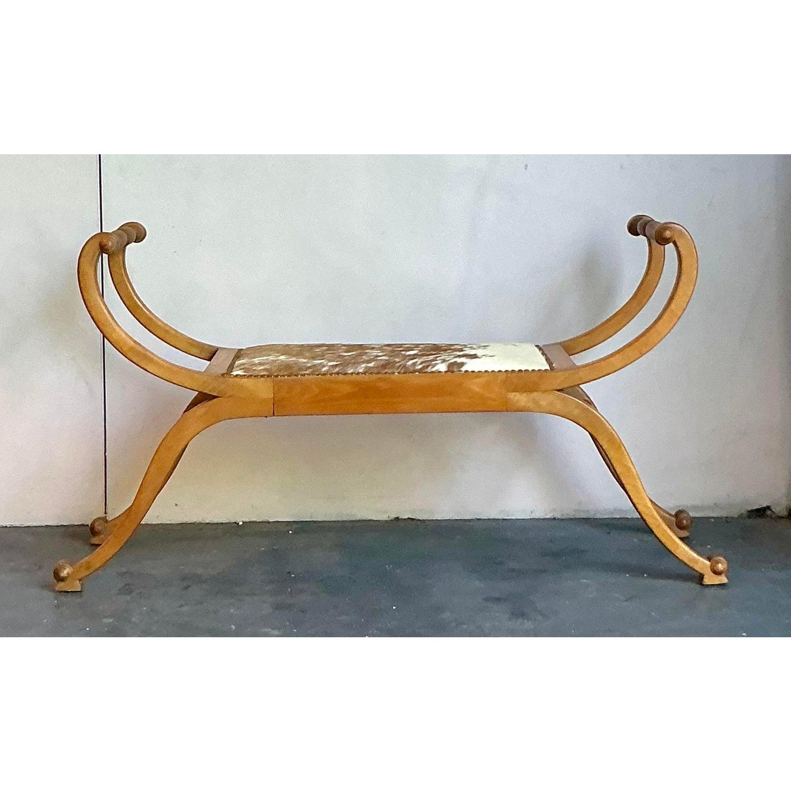 Hollywood Regency Vintage Boho Scroll Bench For Sale