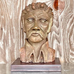 Vintage Boho Sculpted Clay Bust of Man