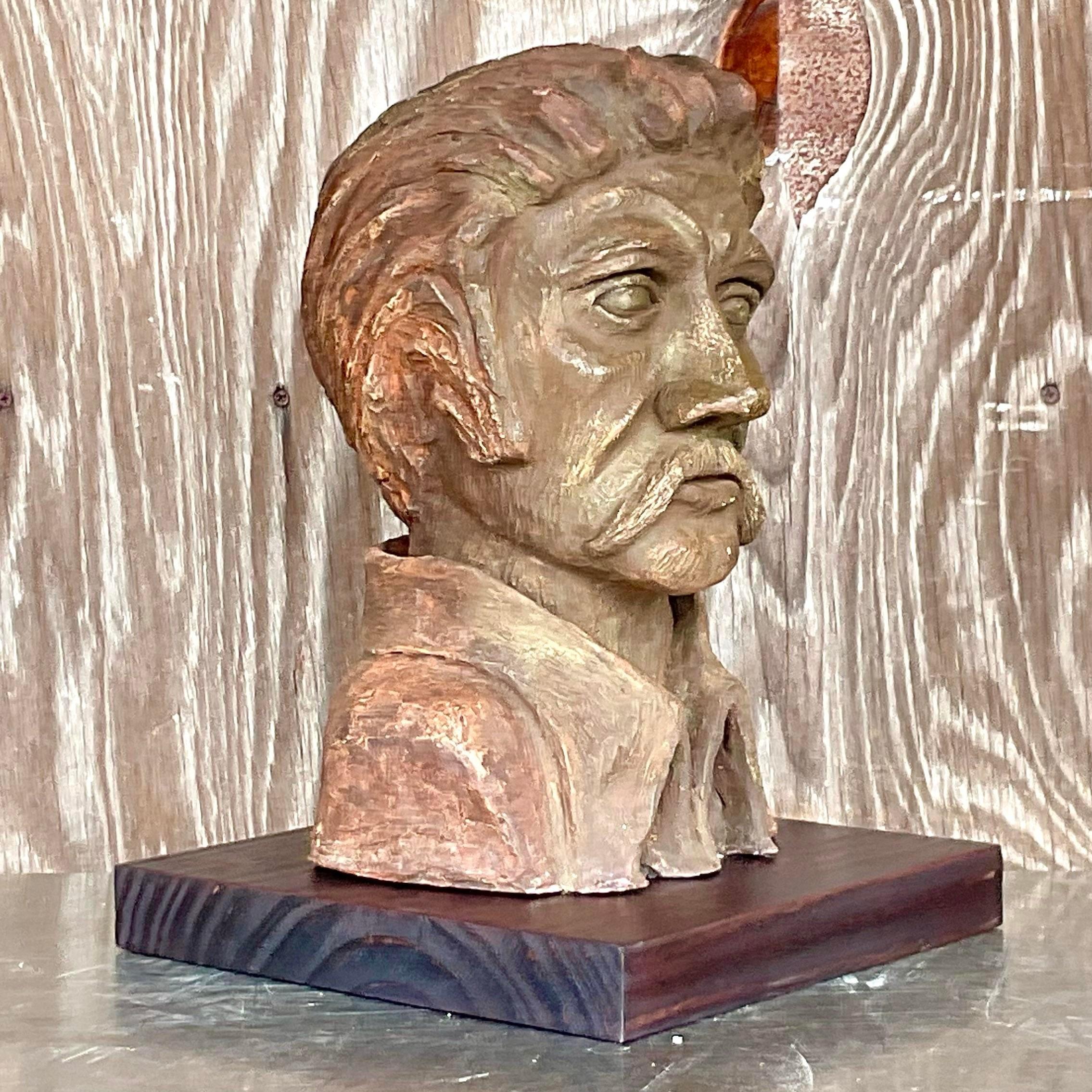 Mid-Century Modern Vintage Boho Sculpted Clay Bust of Man For Sale