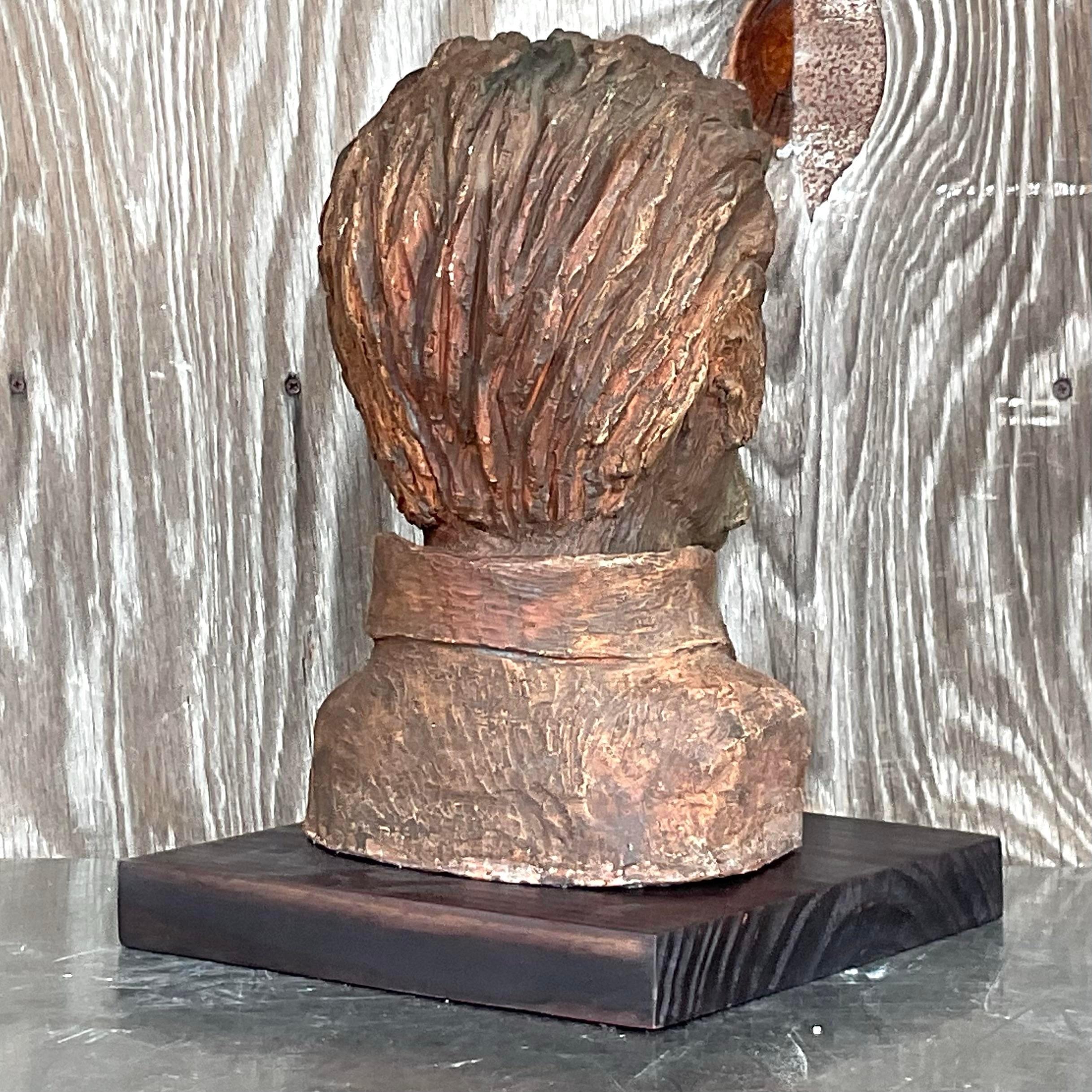 American Vintage Boho Sculpted Clay Bust of Man For Sale