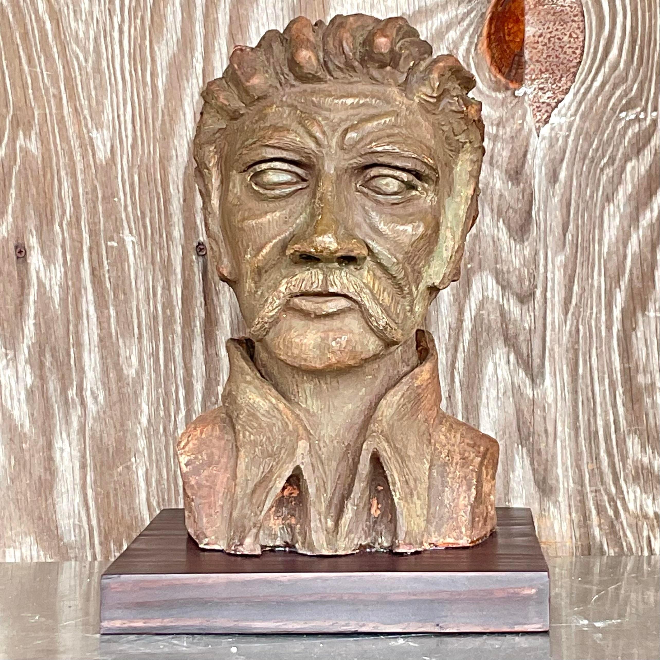 Vintage Boho Sculpted Clay Bust of Man In Good Condition For Sale In west palm beach, FL