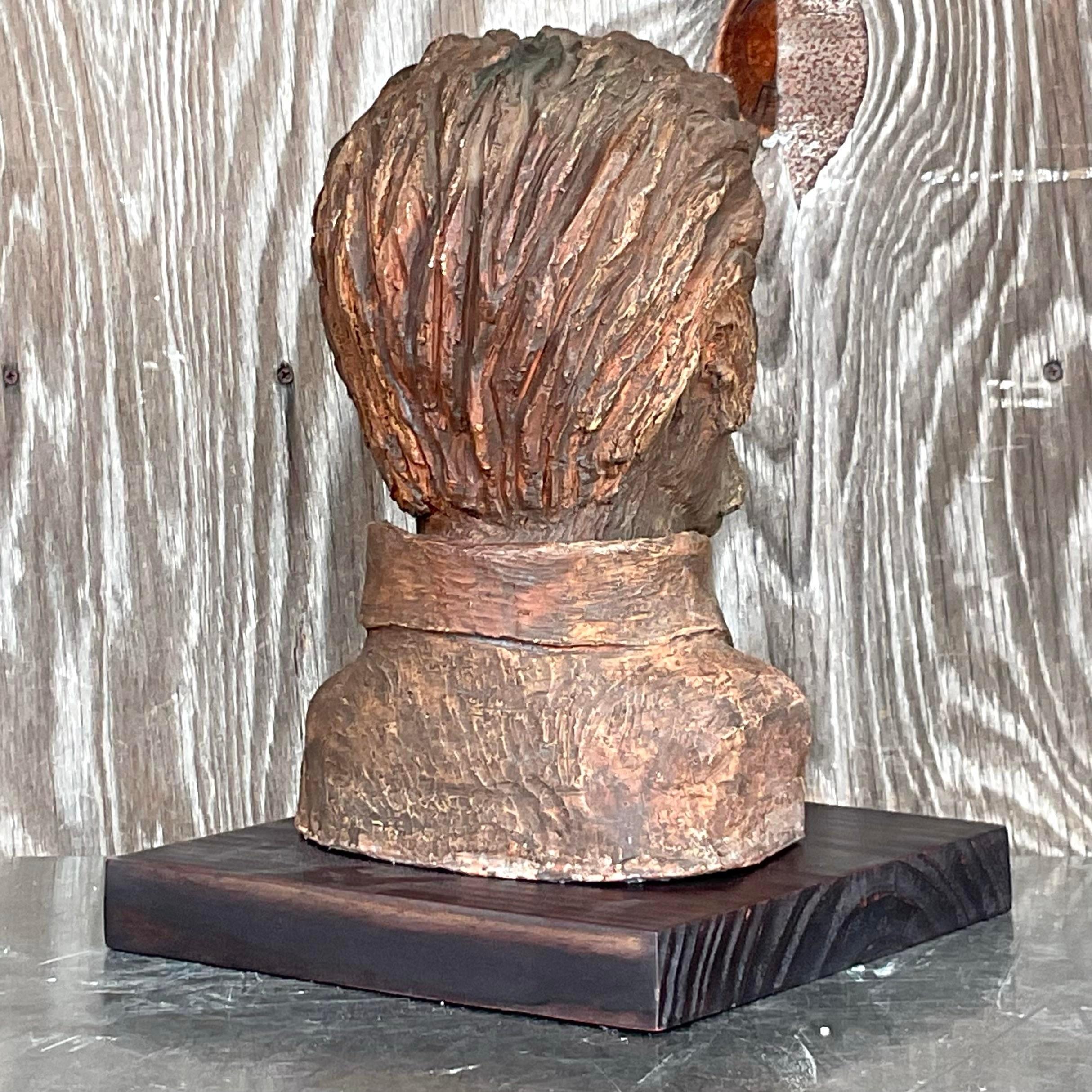 20th Century Vintage Boho Sculpted Clay Bust of Man For Sale