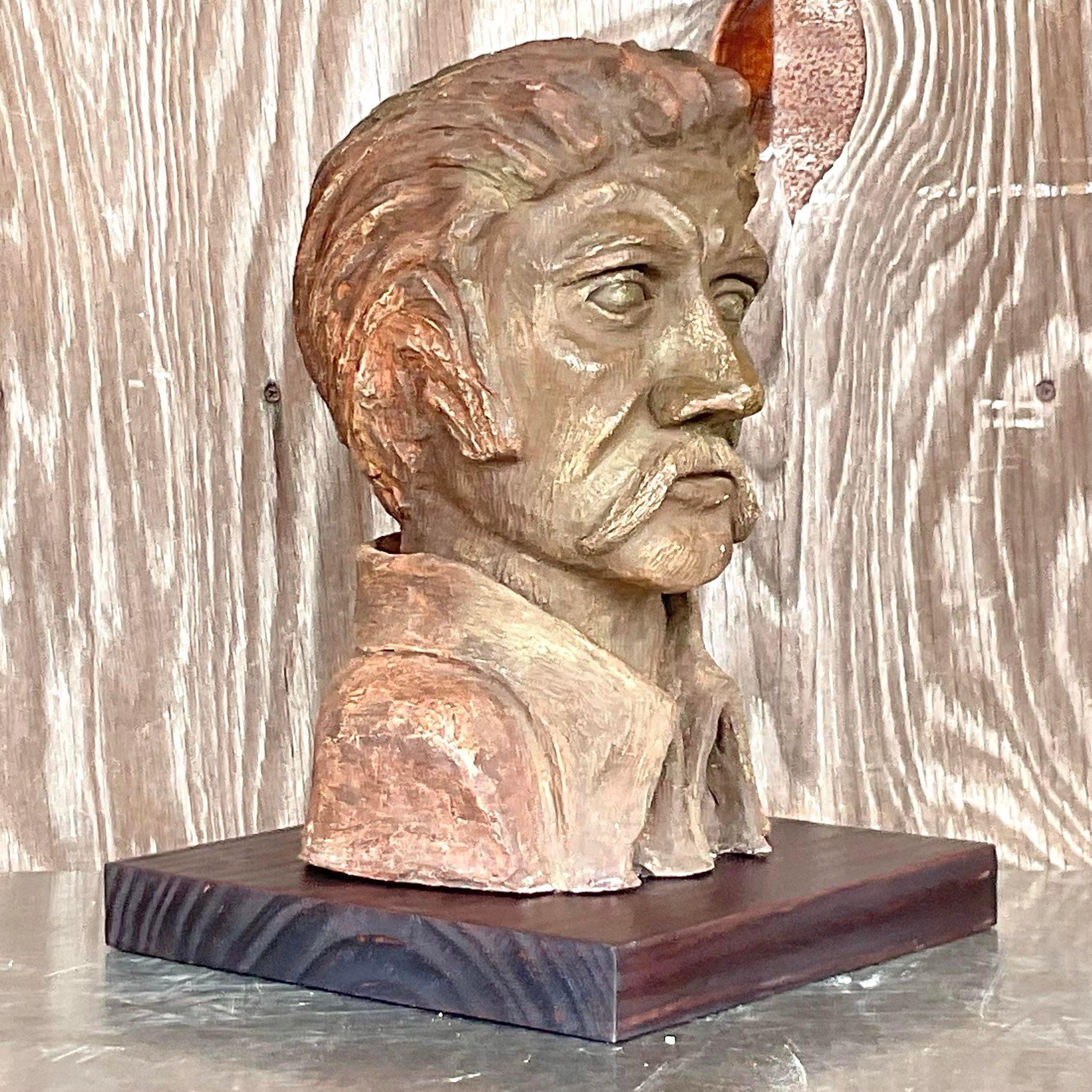 Vintage Boho Sculpted Clay Bust of Man For Sale 1