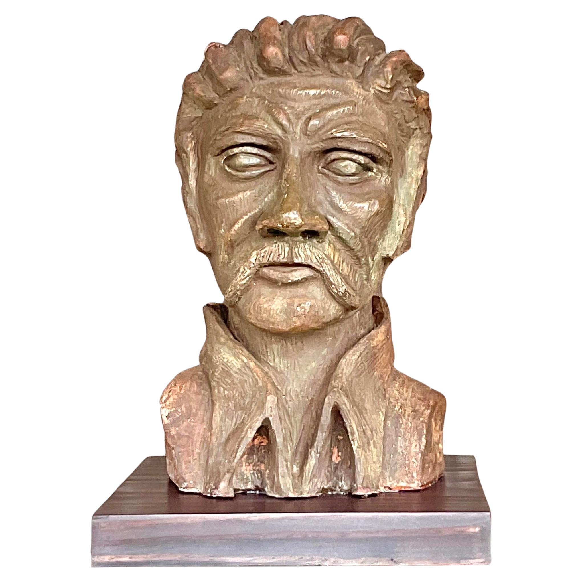 Vintage Boho Sculpted Clay Bust of Man For Sale