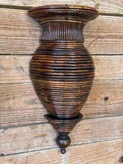 Vintage Boho Sculptural Pencil Rattan Wall Sconces With Ribbed Urn Form