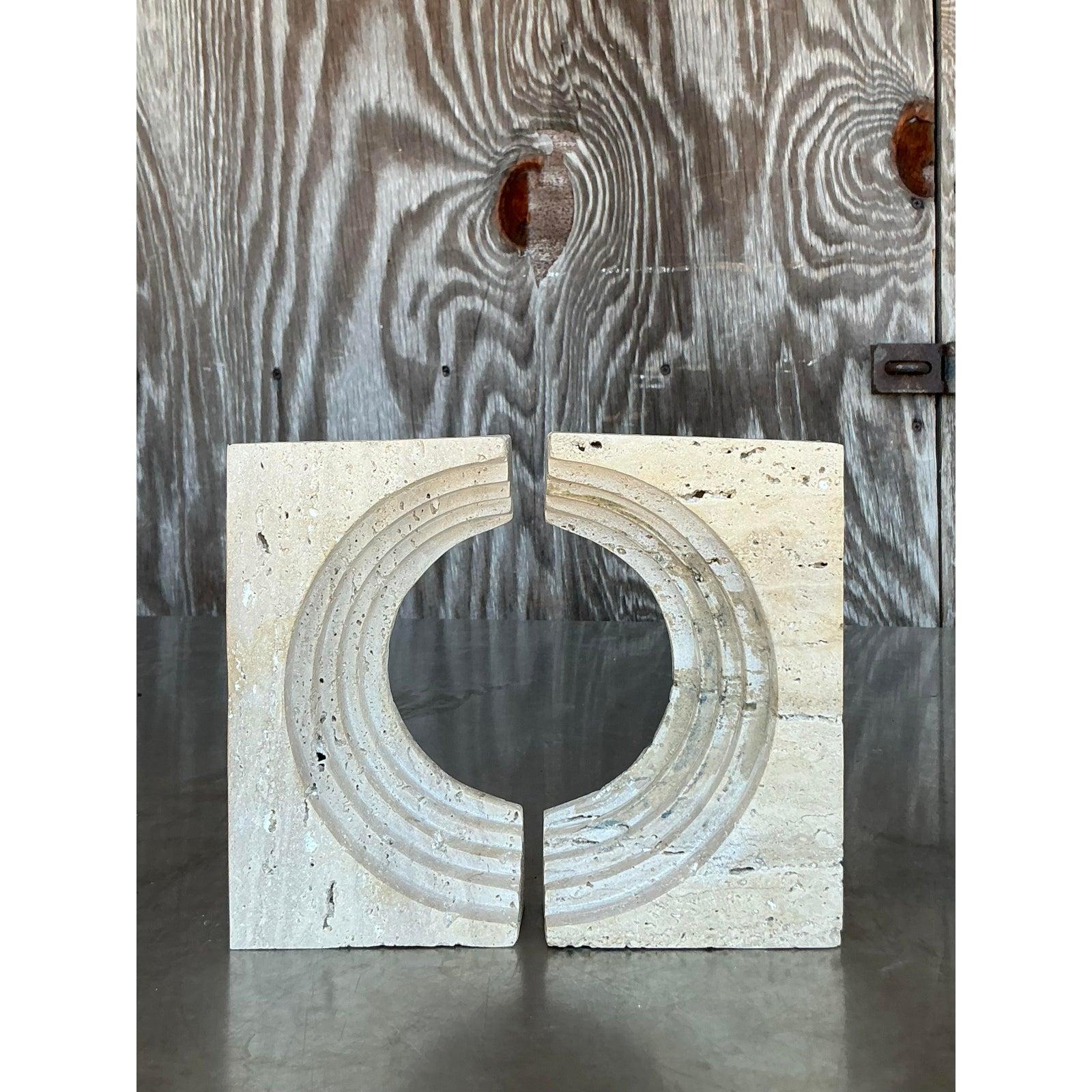 Mid-Century Modern Vintage Boho Sculptural Travertine Bookends - Set of 2 For Sale