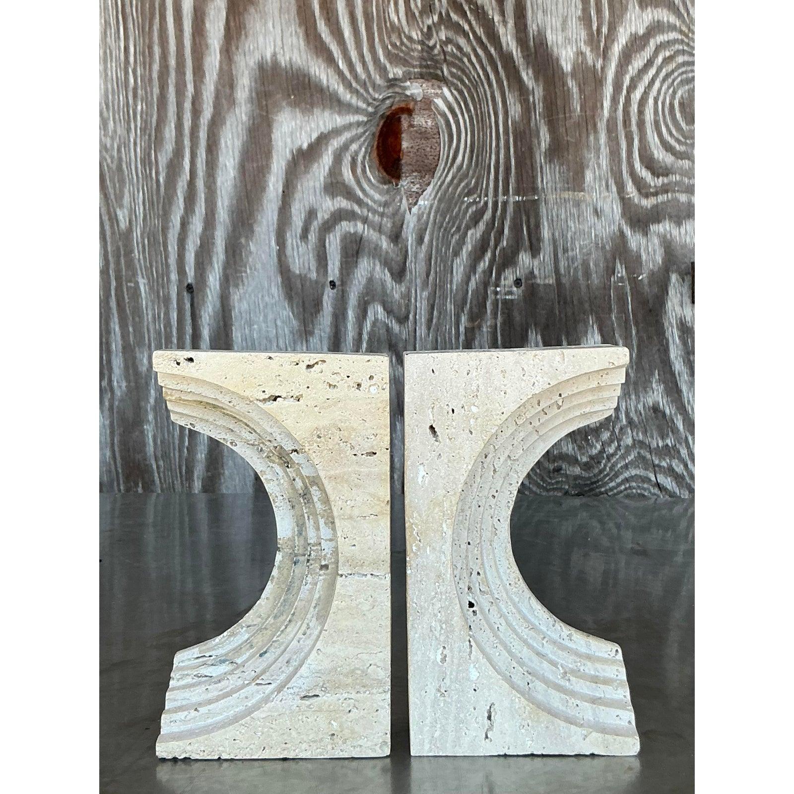 American Vintage Boho Sculptural Travertine Bookends - Set of 2 For Sale