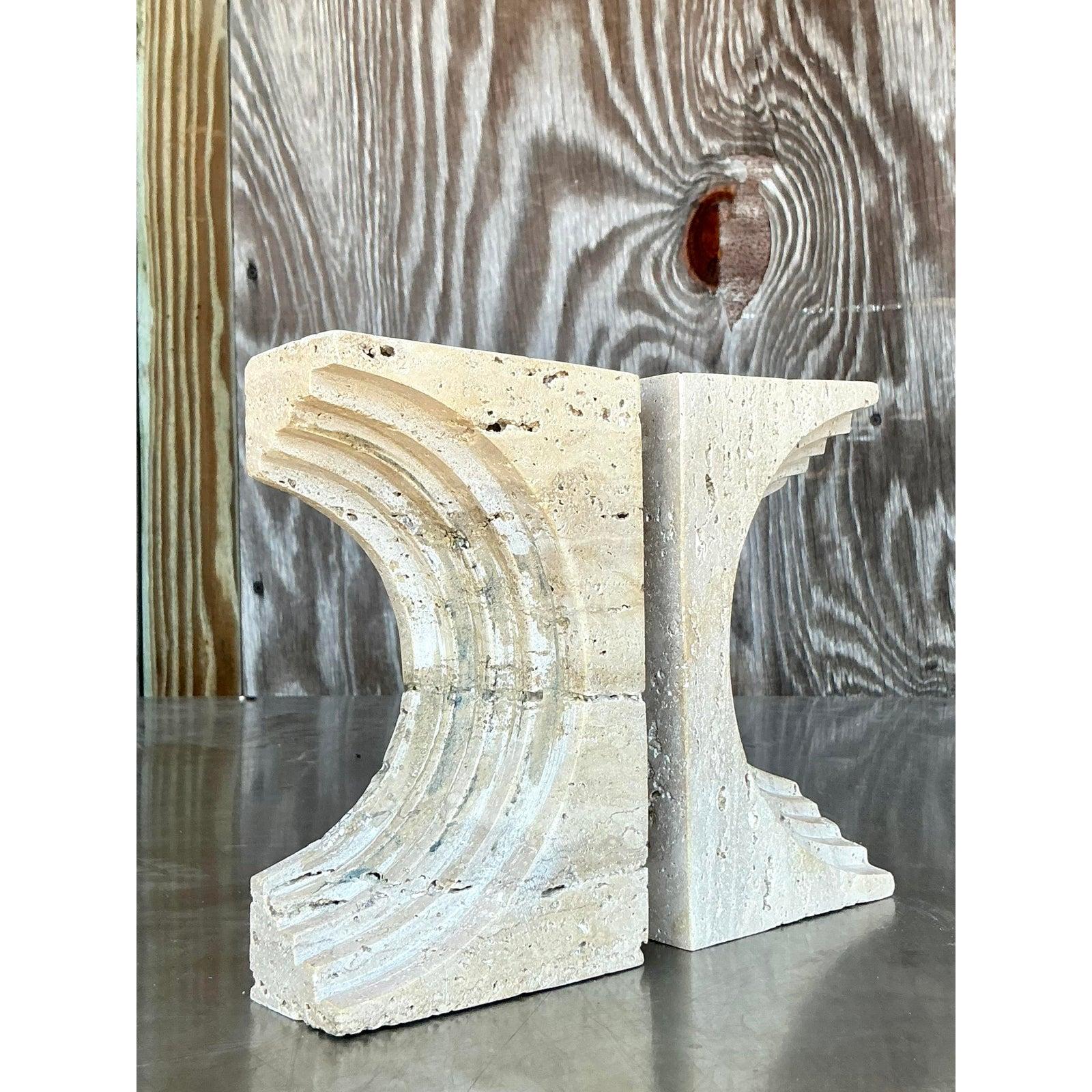 Vintage Boho Sculptural Travertine Bookends - Set of 2 In Good Condition For Sale In West Palm Beach, FL