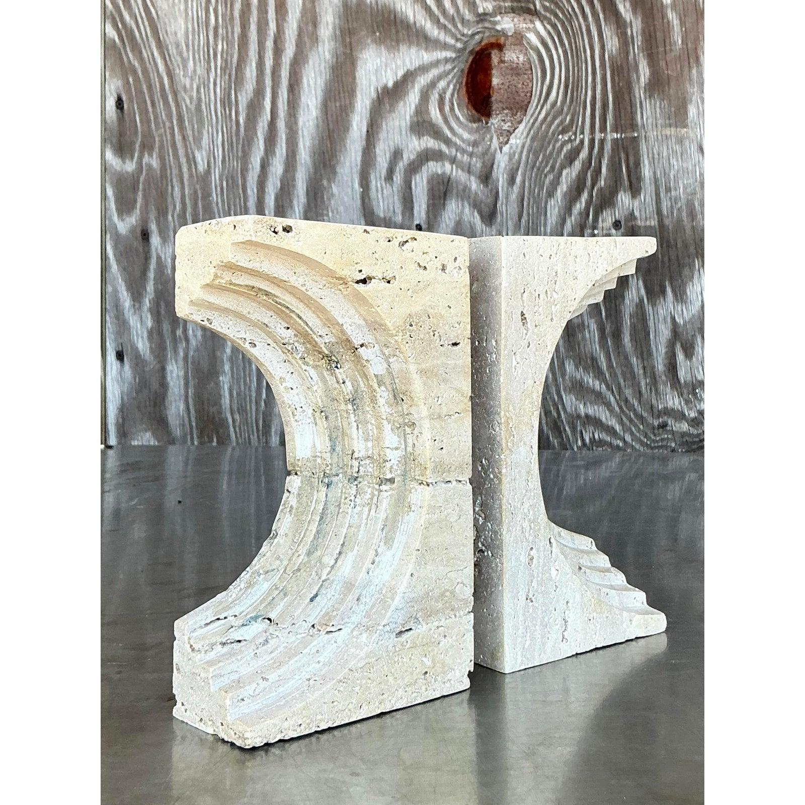 Contemporary Vintage Boho Sculptural Travertine Bookends - Set of 2 For Sale