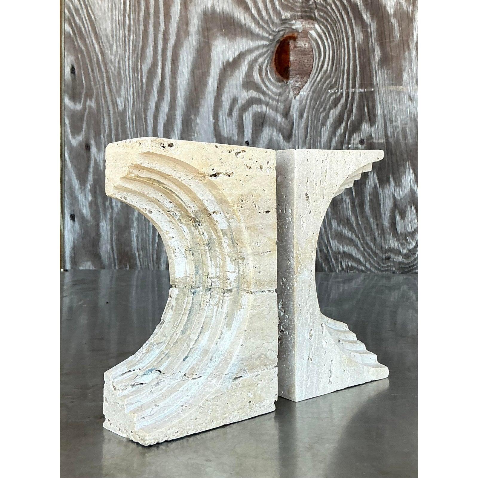 Vintage Boho Sculptural Travertine Bookends - Set of 2 For Sale 1