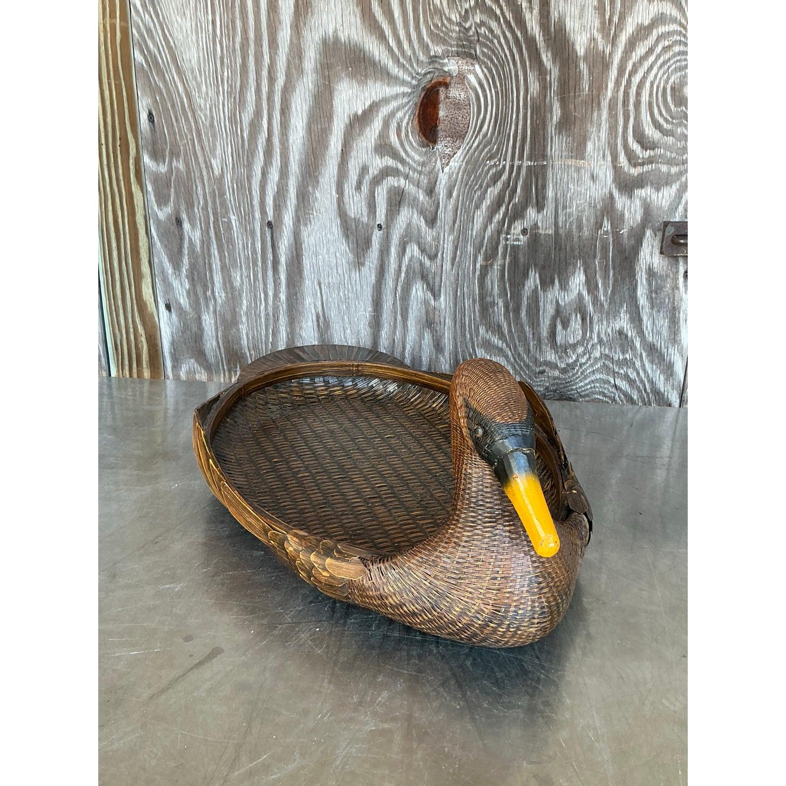 Folk Art Vintage Boho Shanghai Weave Duck Tray For Sale