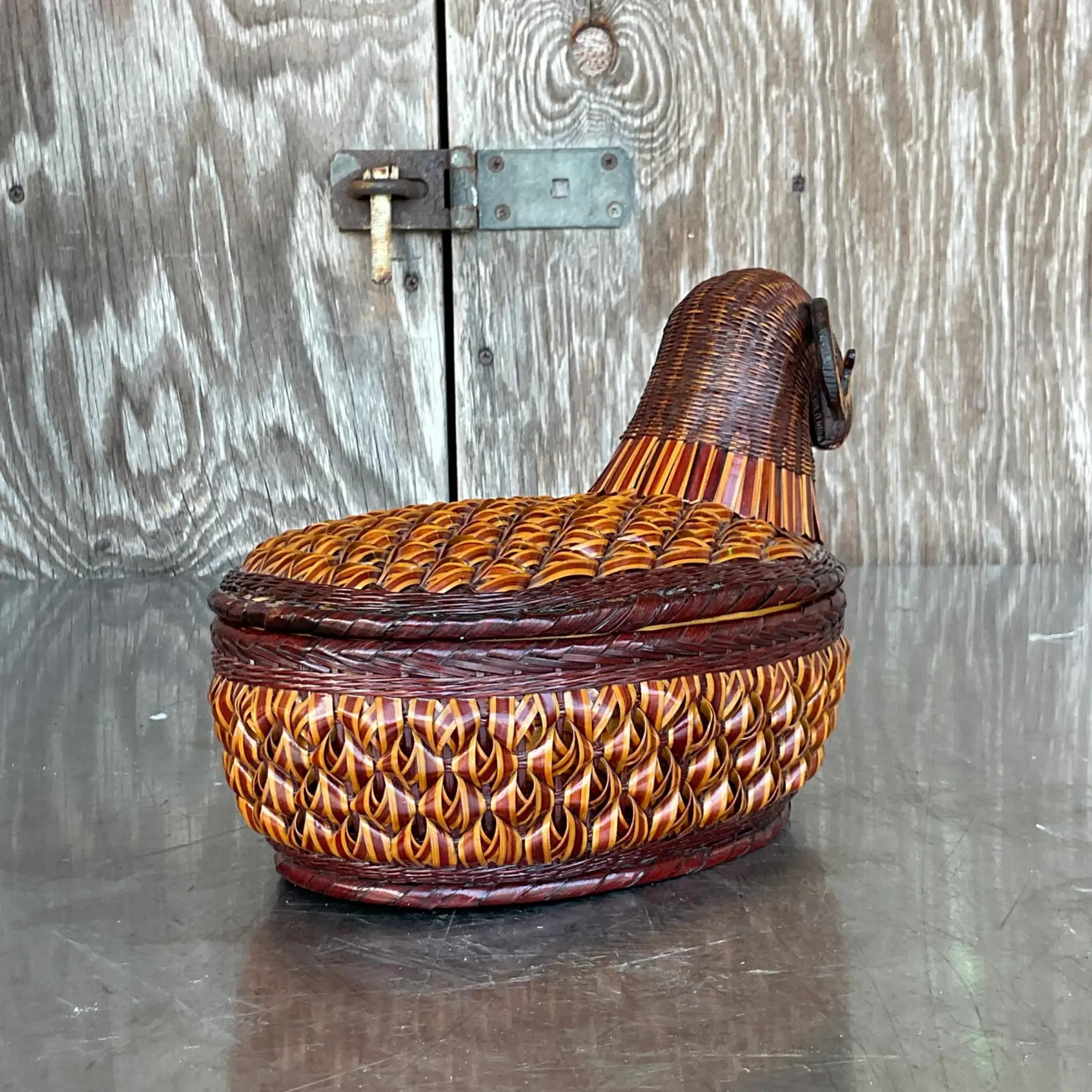 A fabulous vintage Boho lidded basket. The coveted Shanghai weave in amp chic ram’s head design. Acquired from a Palm Beach estate. 