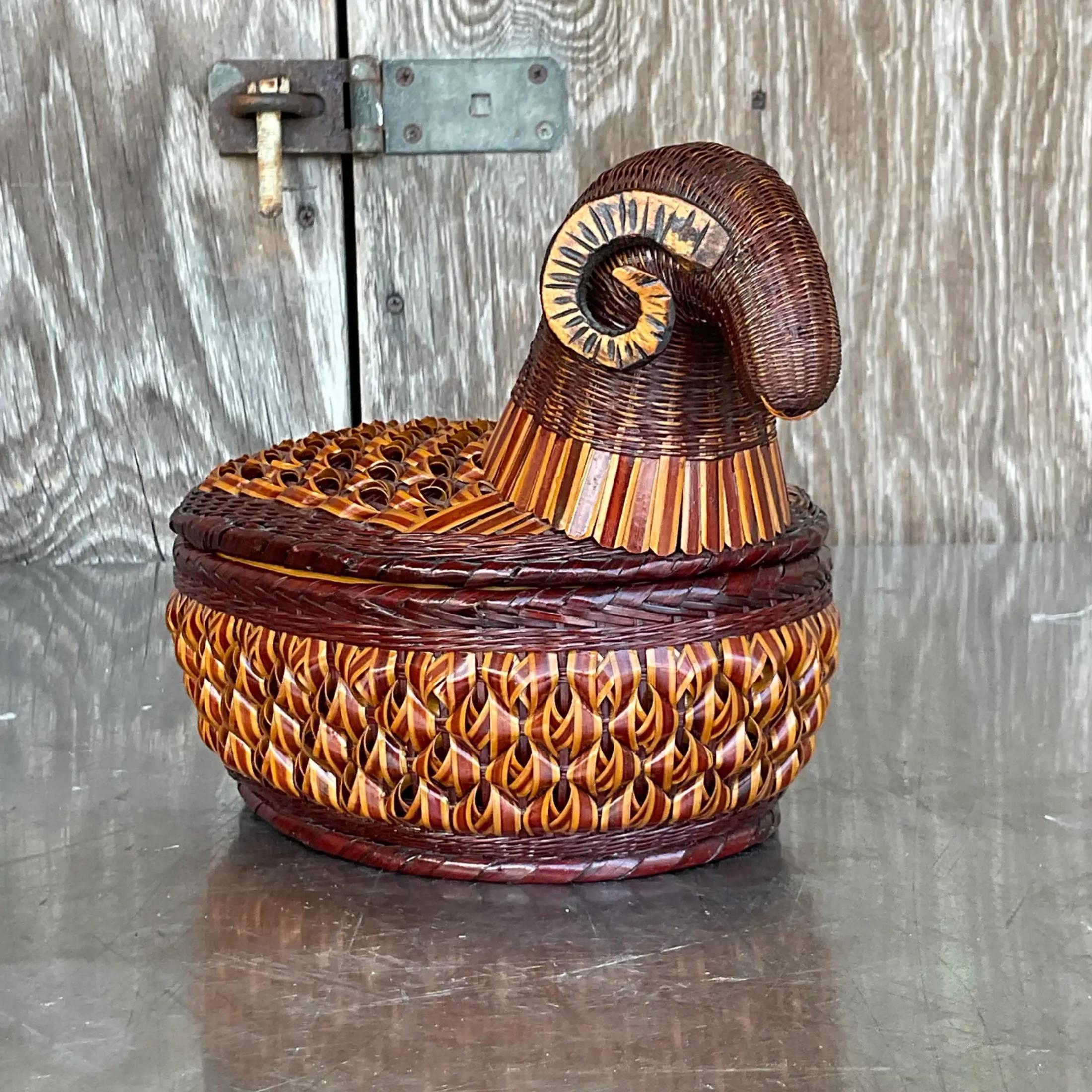 American Vintage Boho Shanghai Weave Rams Head Basket For Sale