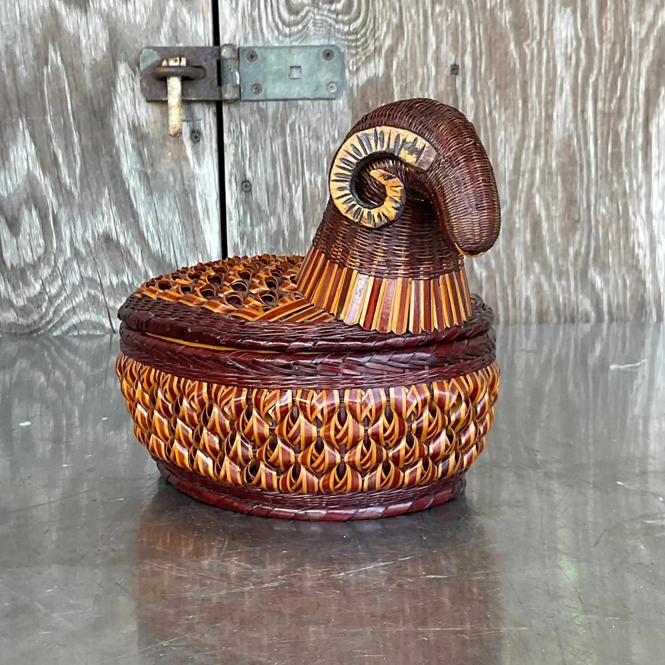 17th Century Vintage Boho Shanghai Weave Rams Head Basket For Sale