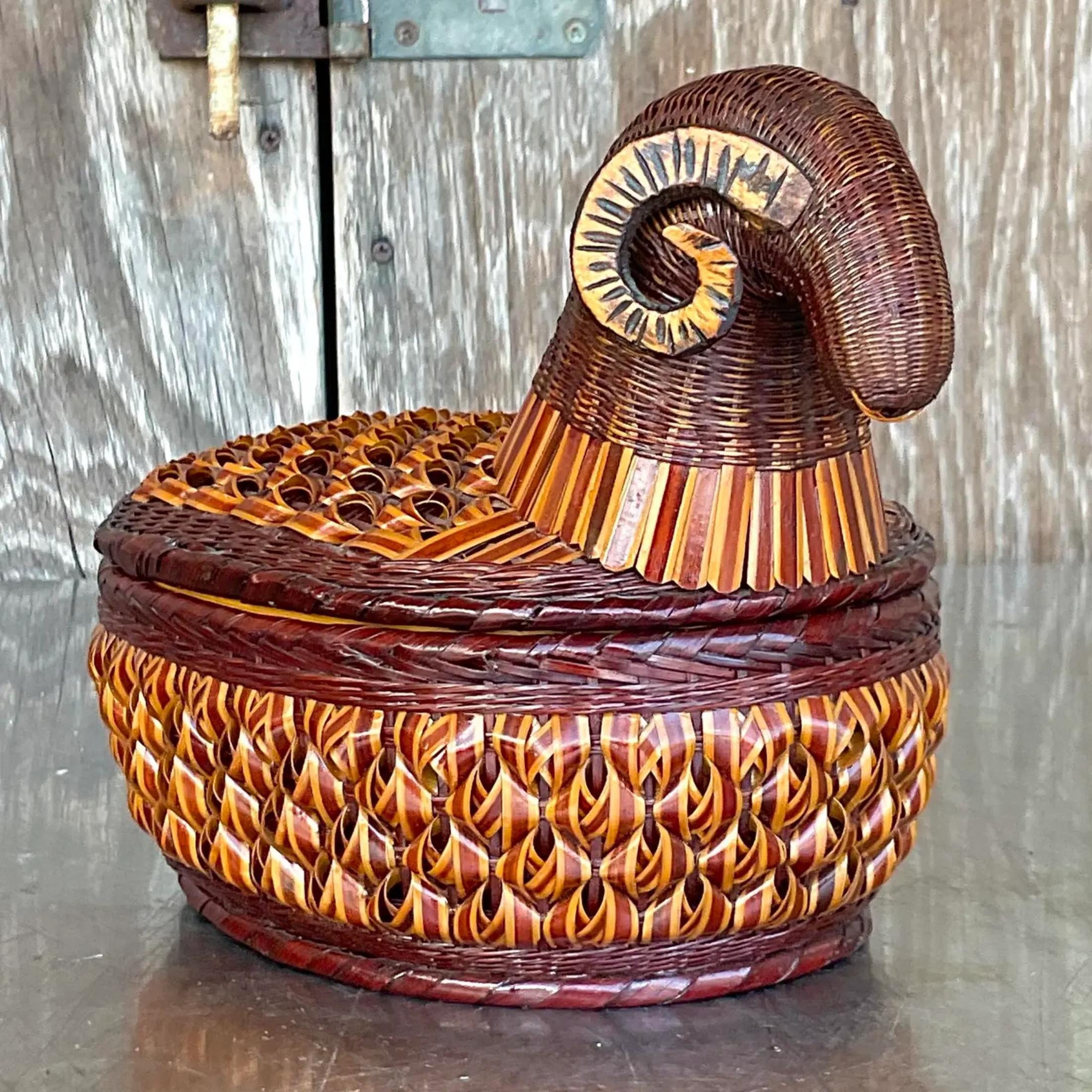 Vintage Boho Shanghai Weave Rams Head Basket For Sale 2
