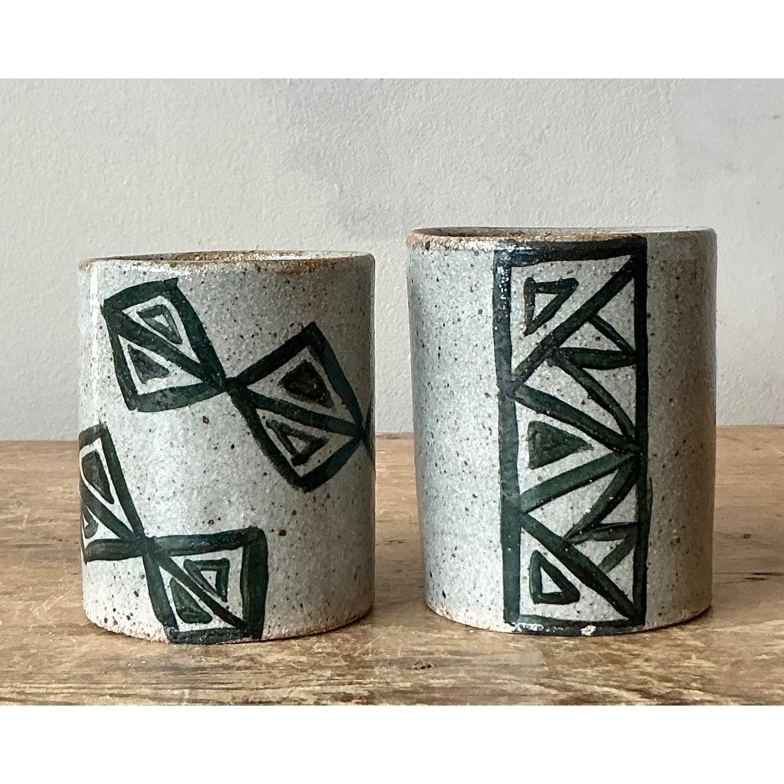 Mid-Century Modern Vintage Boho Shapes Studio Pottery Cups - Set of 2 For Sale
