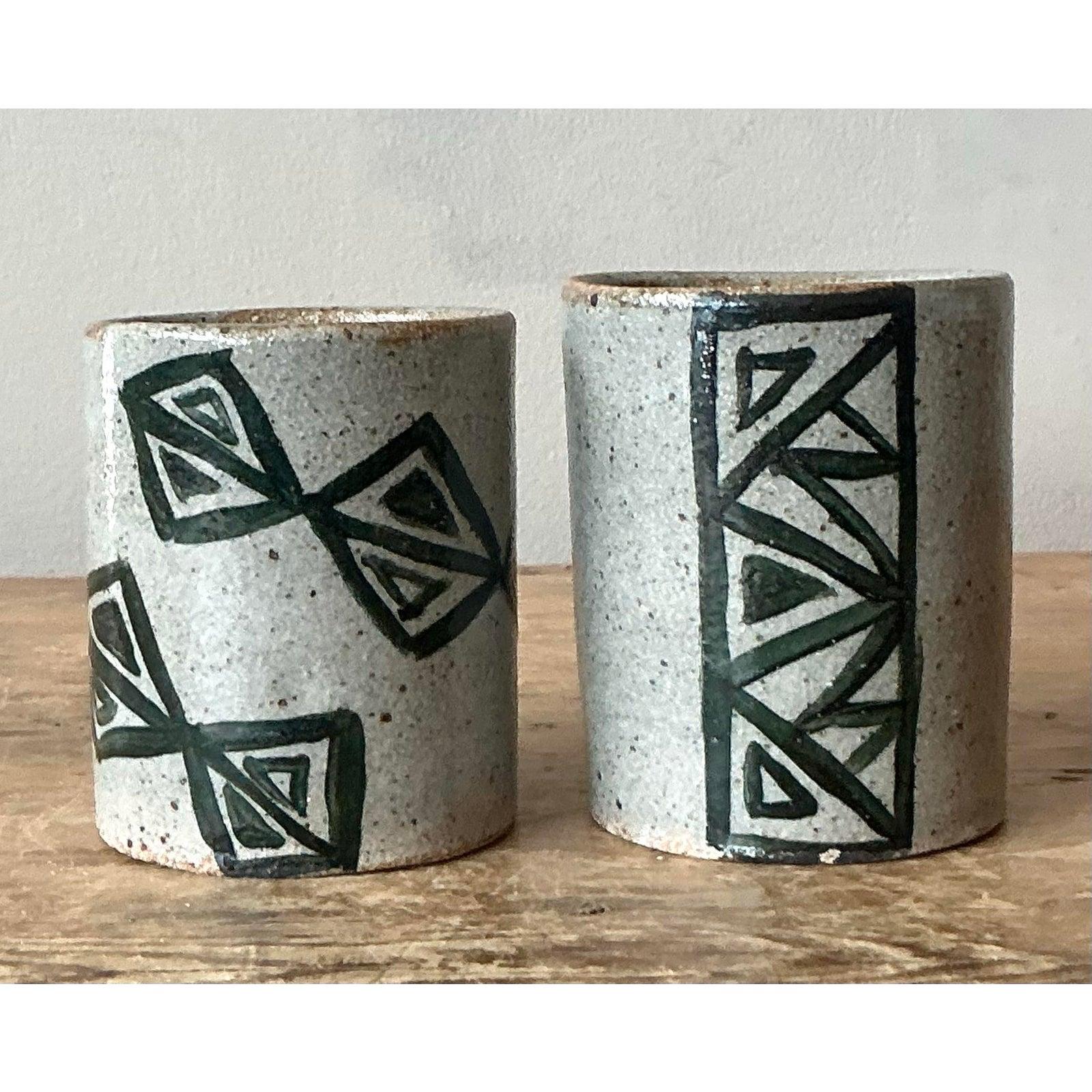 American Vintage Boho Shapes Studio Pottery Cups - Set of 2 For Sale