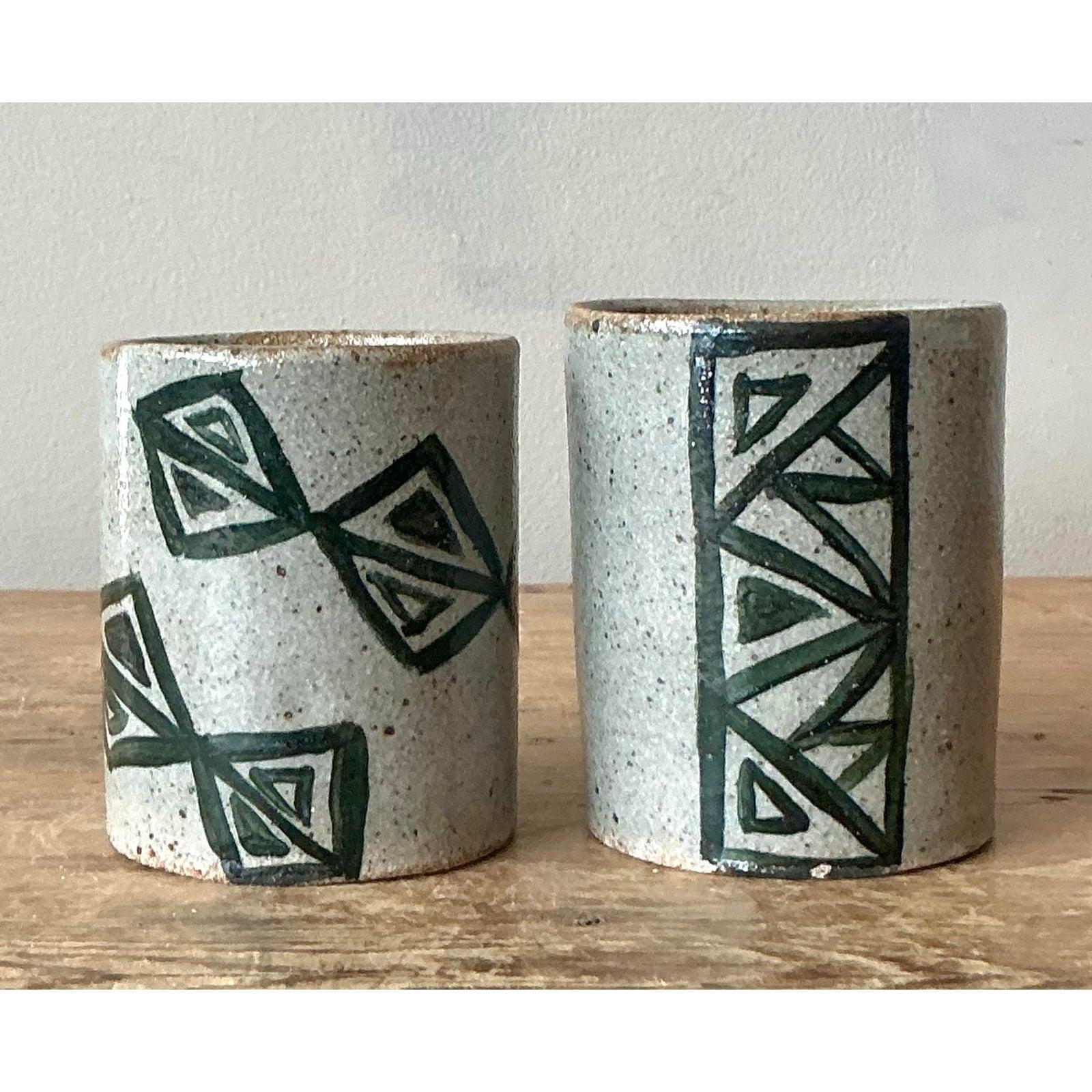 Vintage Boho Shapes Studio Pottery Cups - Set of 2 In Good Condition For Sale In West Palm Beach, FL