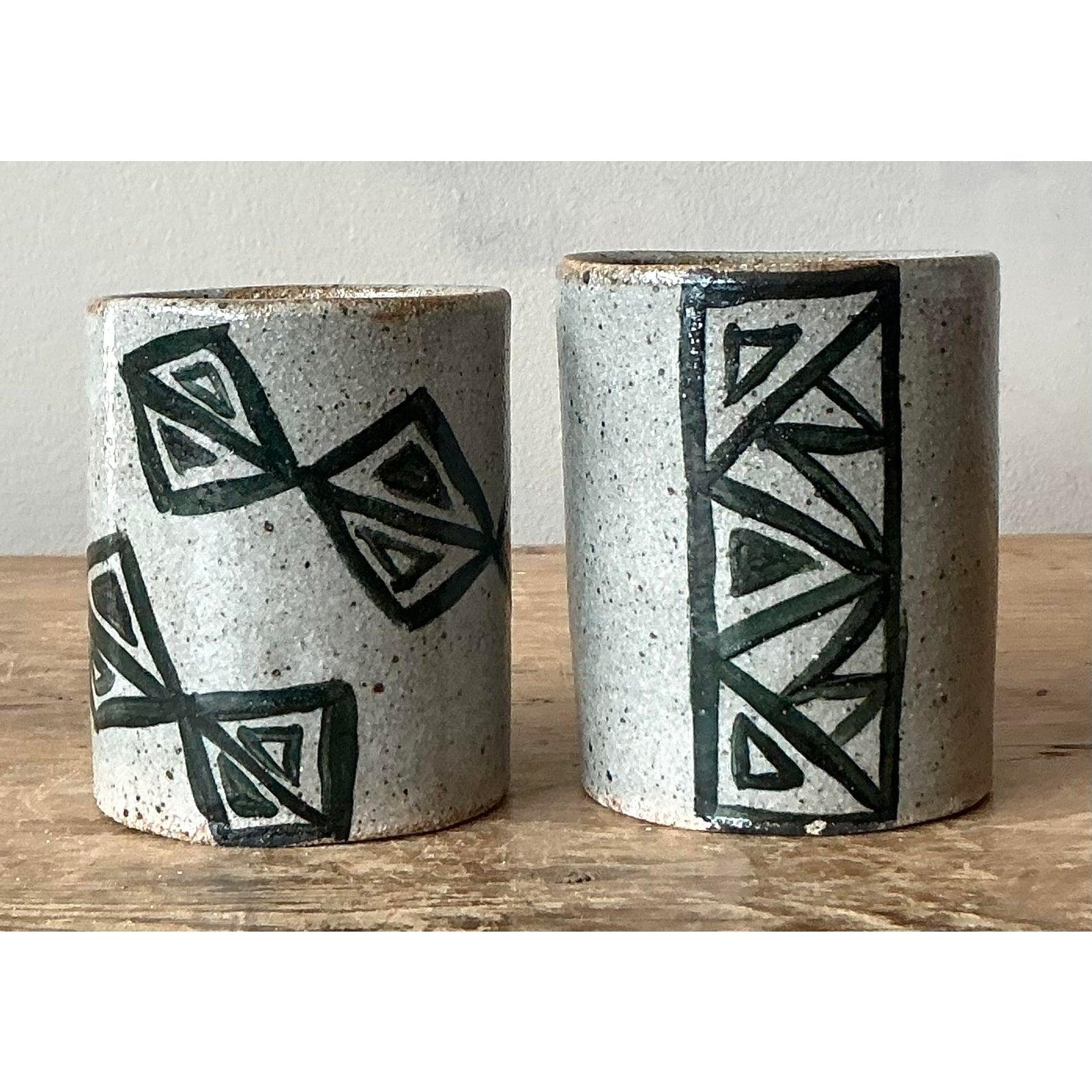 Vintage Boho Shapes Studio Pottery Cups - Set of 2 For Sale 2