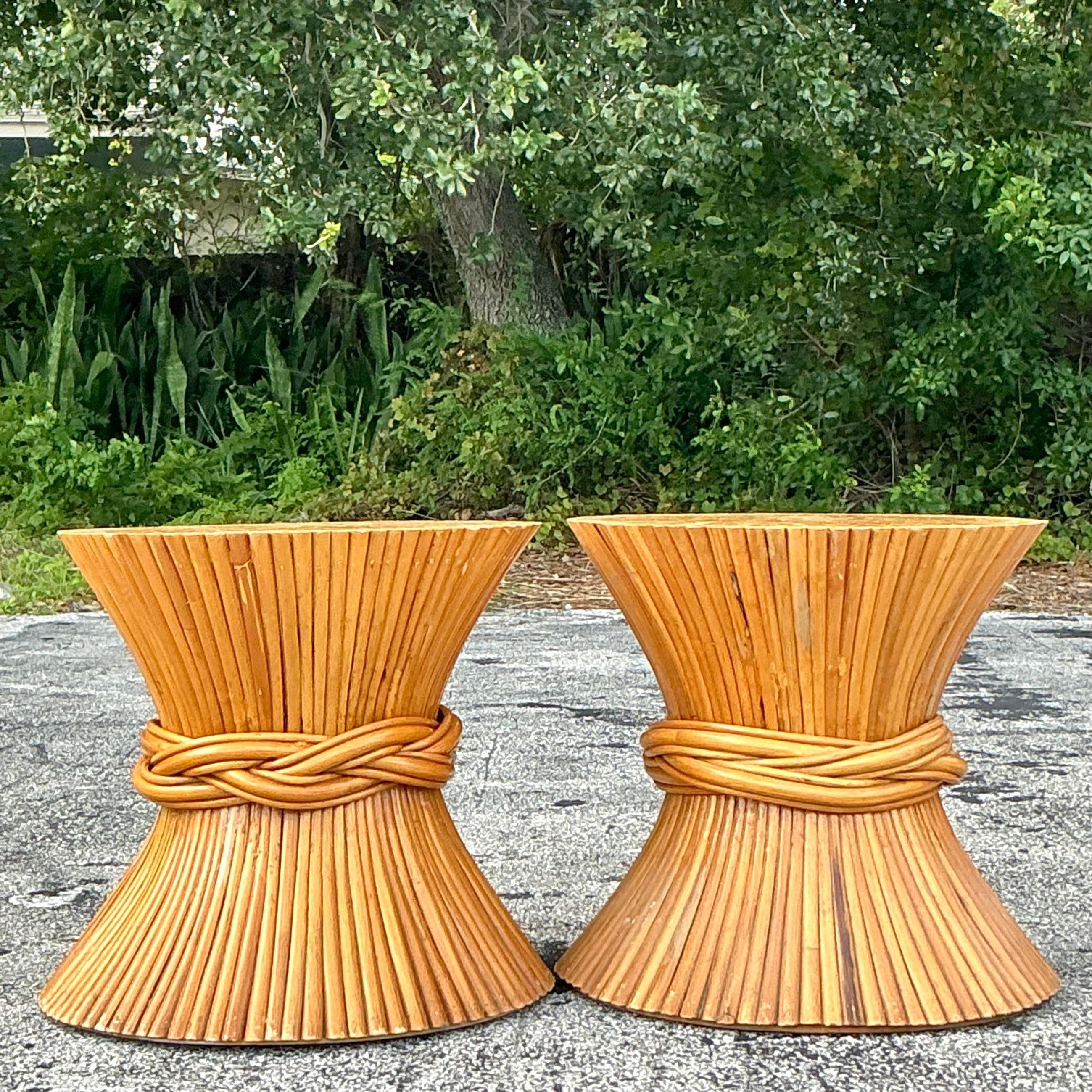 Elevate your décor with these striking Vintage Boho Sheath of Wheat Side Tables. Featuring a sculptural base designed to resemble a bundled sheath of wheat, these tables capture the essence of bohemian elegance and natural beauty. The intricate