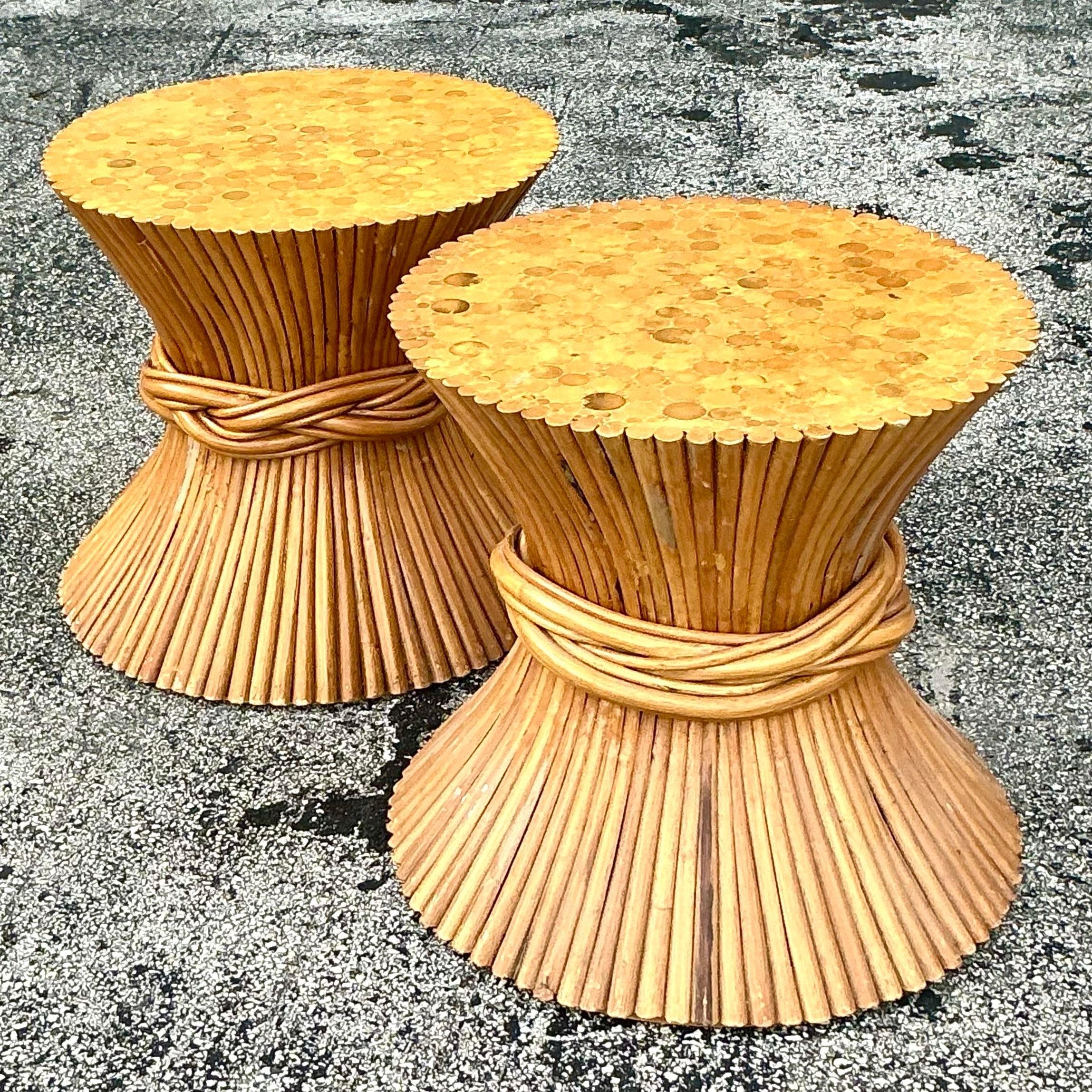 Mid-Century Modern Vintage Boho Sheath of Wheat Side Tables - a Pair For Sale