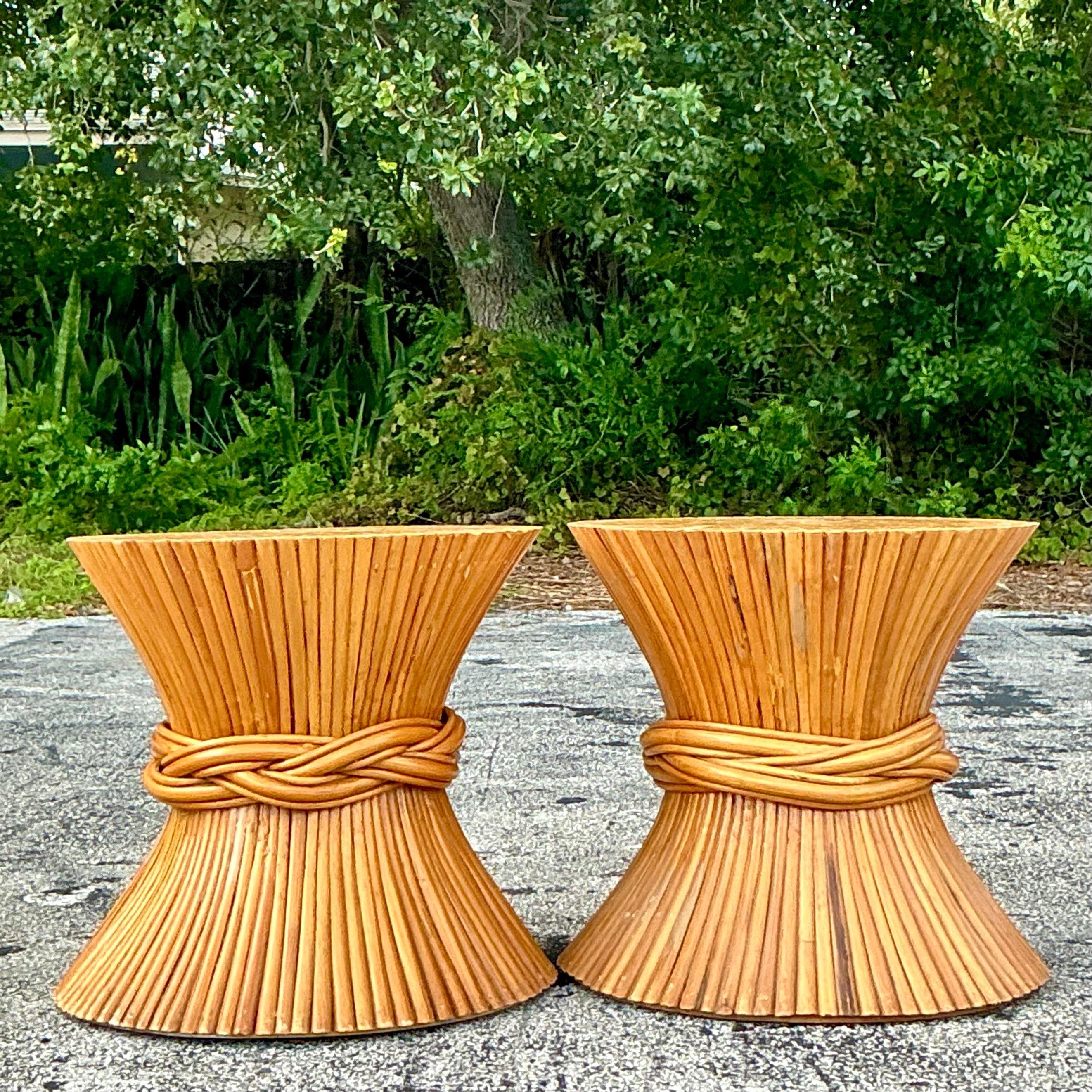 Vintage Boho Sheath of Wheat Side Tables - a Pair In Good Condition For Sale In west palm beach, FL