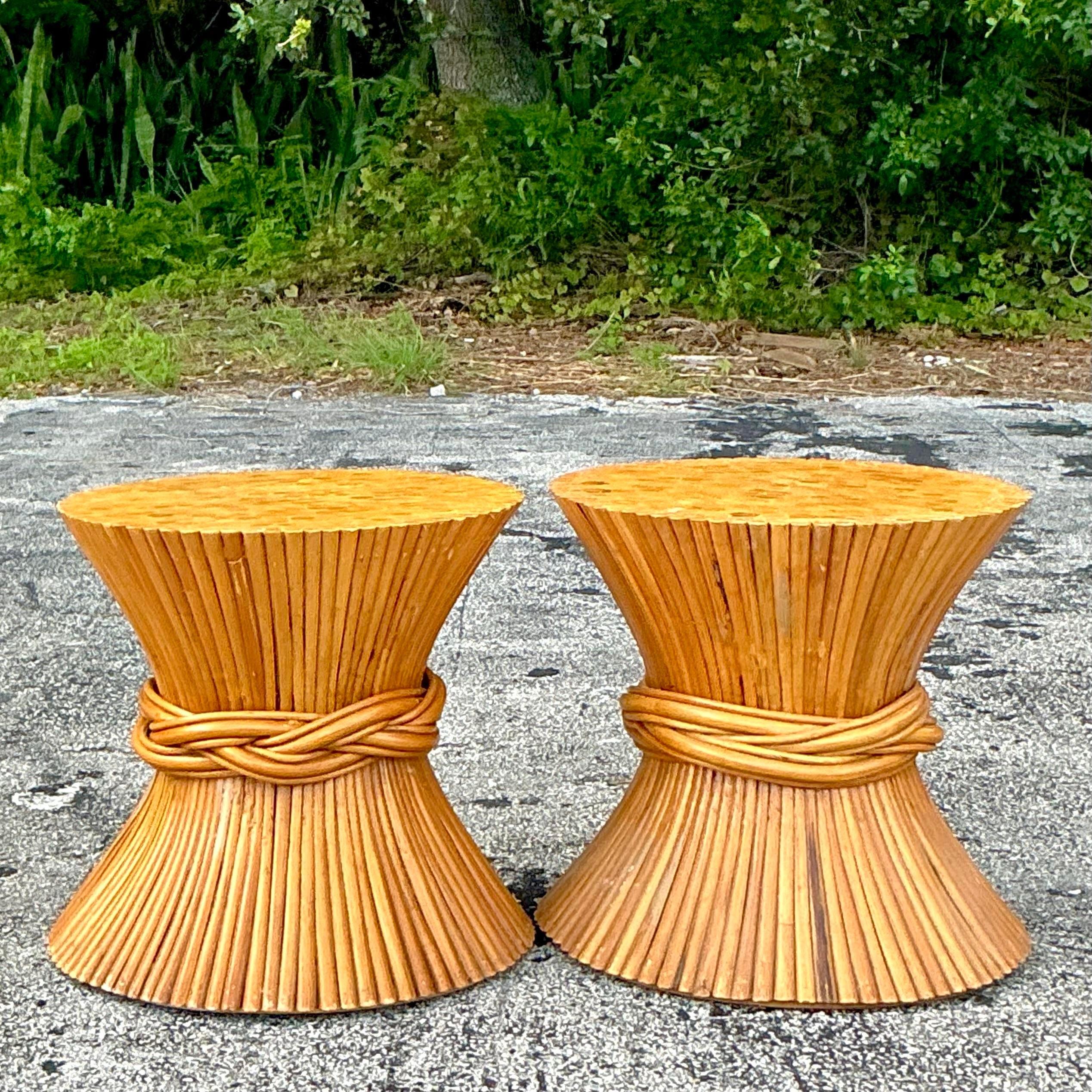 20th Century Vintage Boho Sheath of Wheat Side Tables - a Pair For Sale