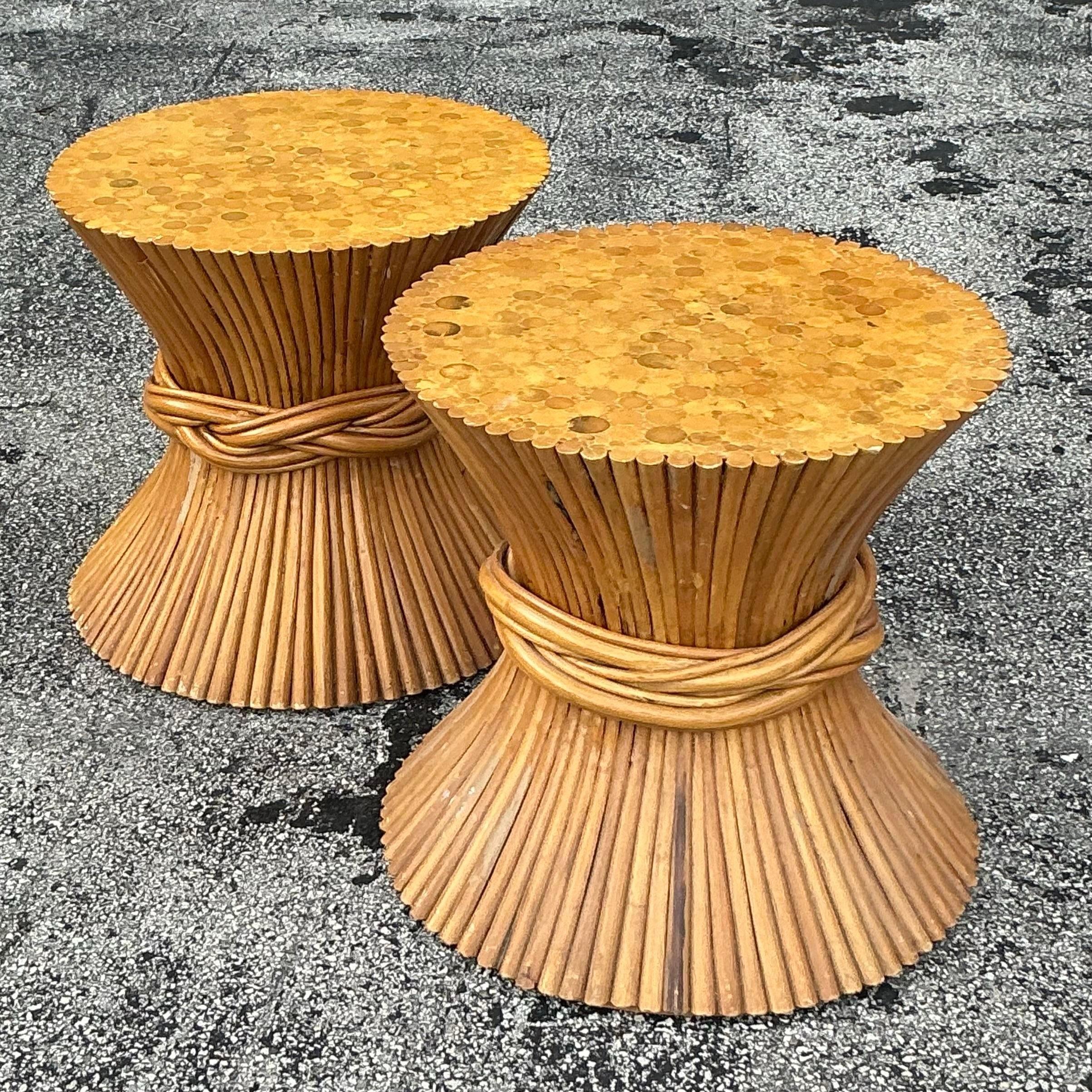Rattan Vintage Boho Sheath of Wheat Side Tables - a Pair For Sale