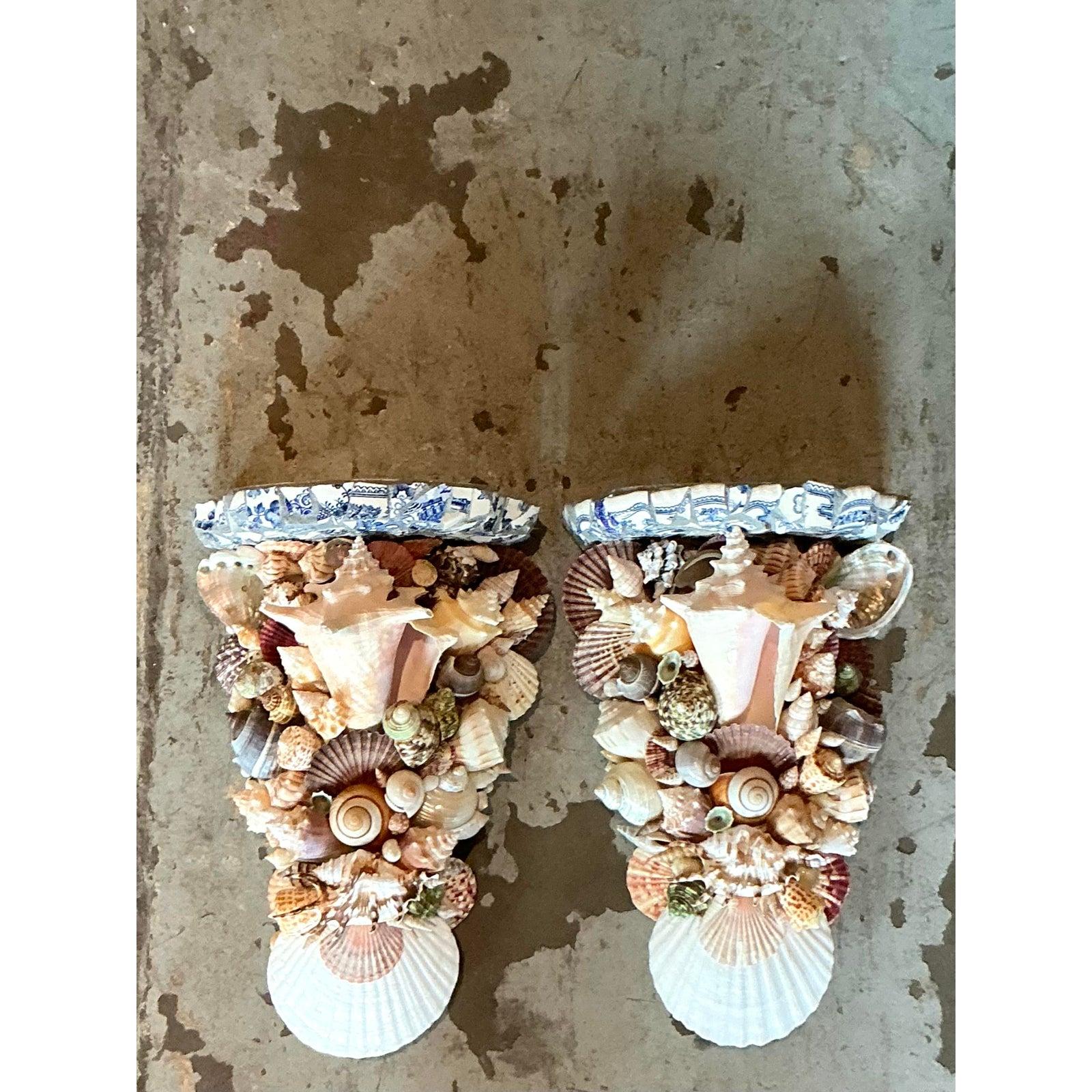 Vintage Boho Shell verkrustete Klammern - ein Paar im Zustand „Gut“ im Angebot in West Palm Beach, FL
