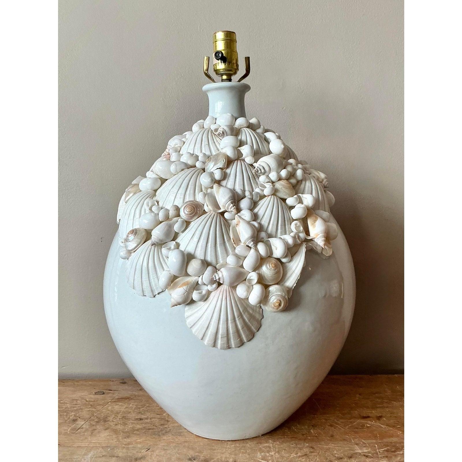 Hollywood Regency Vintage Boho Shell Encrusted Ceramic Lamp For Sale