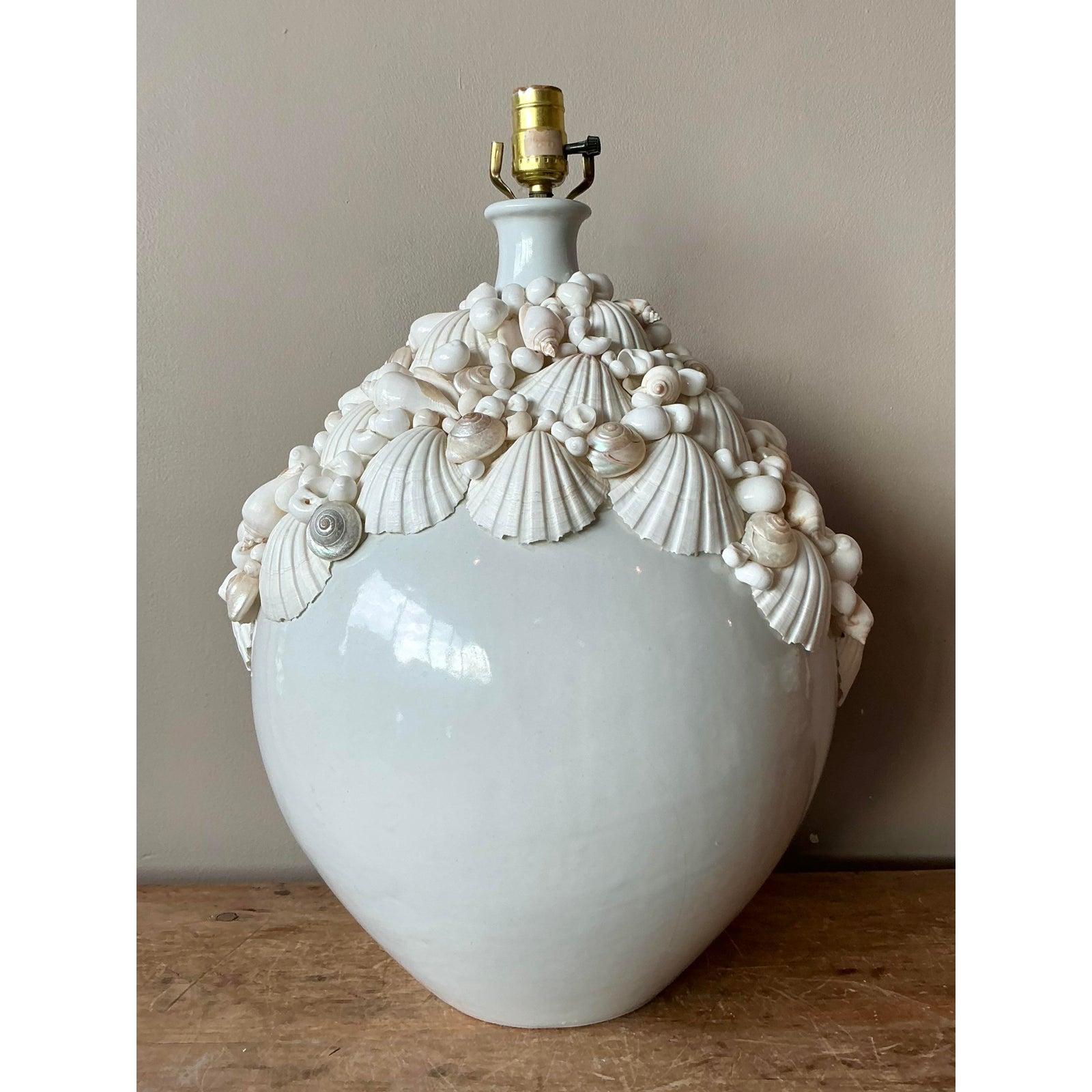 American Vintage Boho Shell Encrusted Ceramic Lamp For Sale