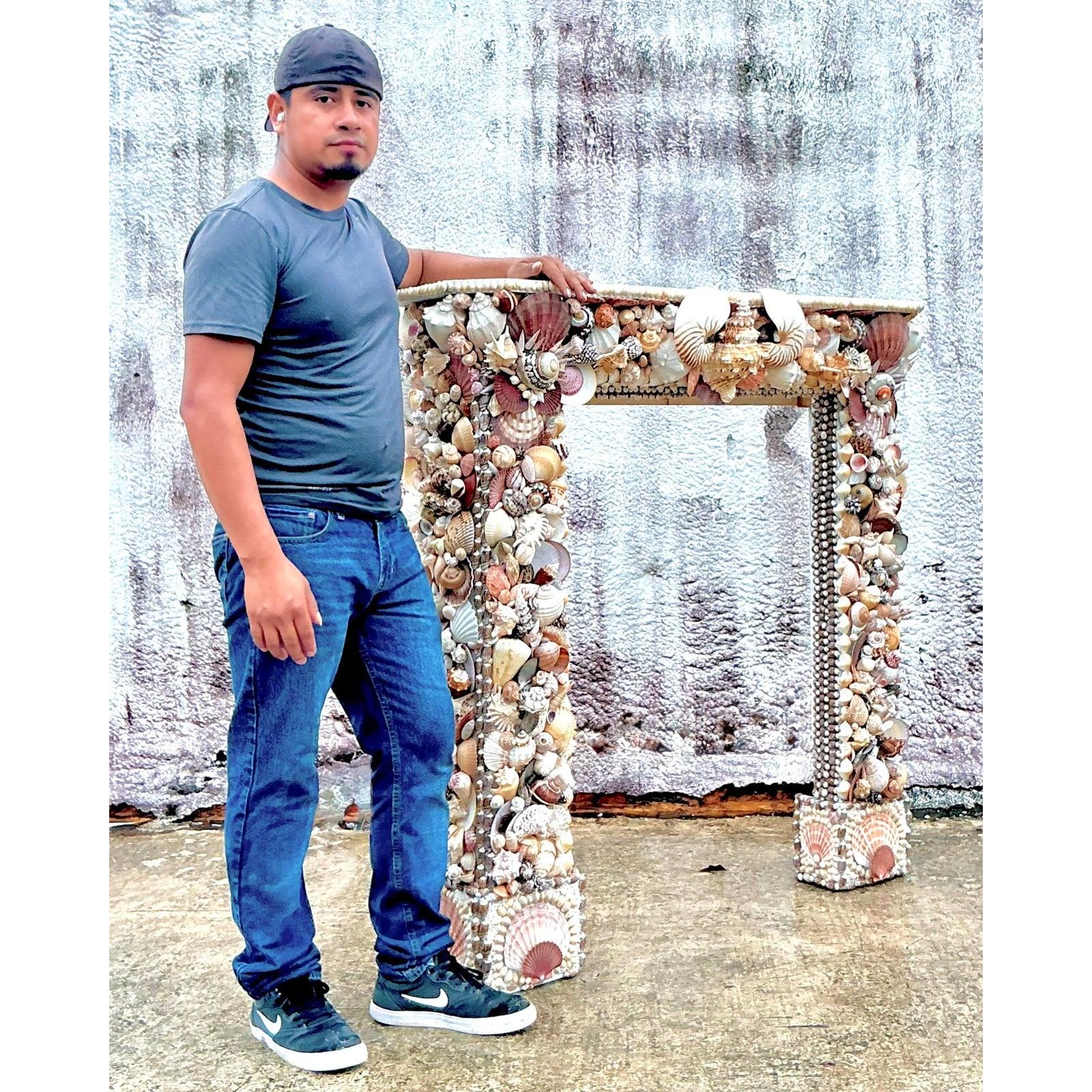 Vintage Boho Shell Encrusted Fireplace Surround In Good Condition For Sale In West Palm Beach, FL