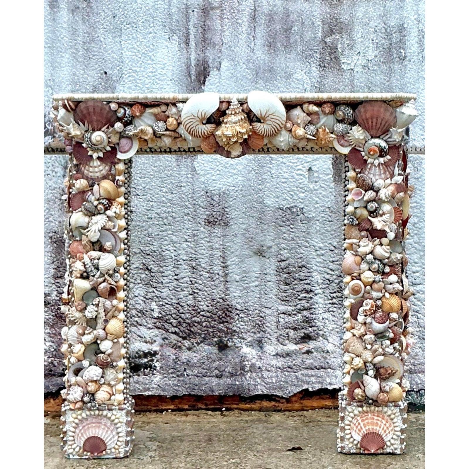 Contemporary Vintage Boho Shell Encrusted Fireplace Surround For Sale