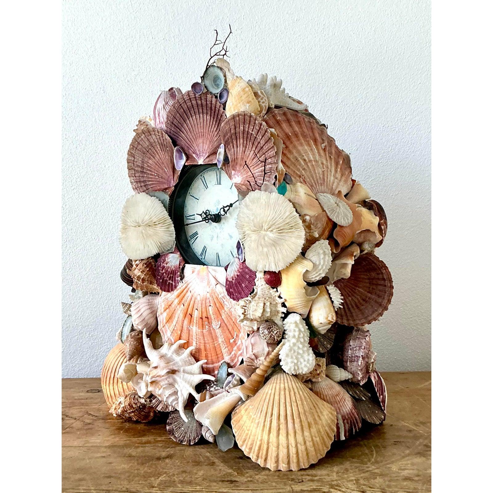 Shell Clcok Vintage Boho Shell Encrusted Mantle Clock For Sale at 1stDibs